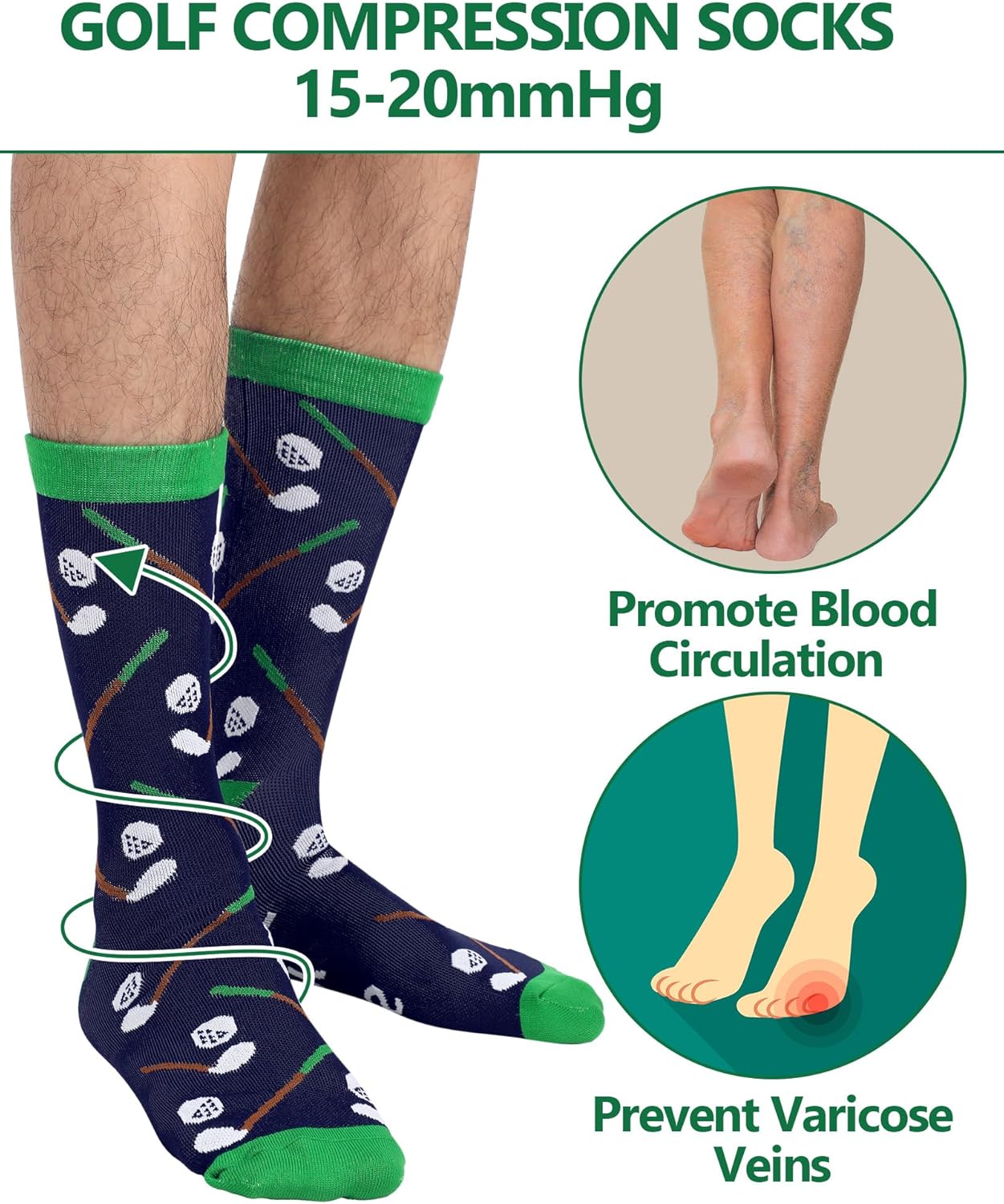 6 Pairs Funny Golf Compression Socks for Men Graduated Circulation 15-20 Mmhg Golfing Crew Socks Golf Gifts for Dad Grandpa Boyfriends Sport Fans Lovers - Image 2