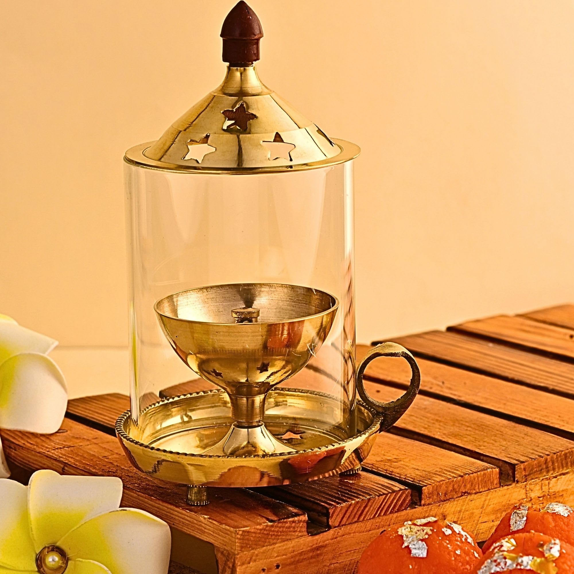 Ein Sof Brass Diya for Puja, Medium Size Akhand Diya with Glass Cover, Pooja Mandir Room Decoration Item, Diwali Christmas and Other Festival Gift Items - Gold & White, 6 inches