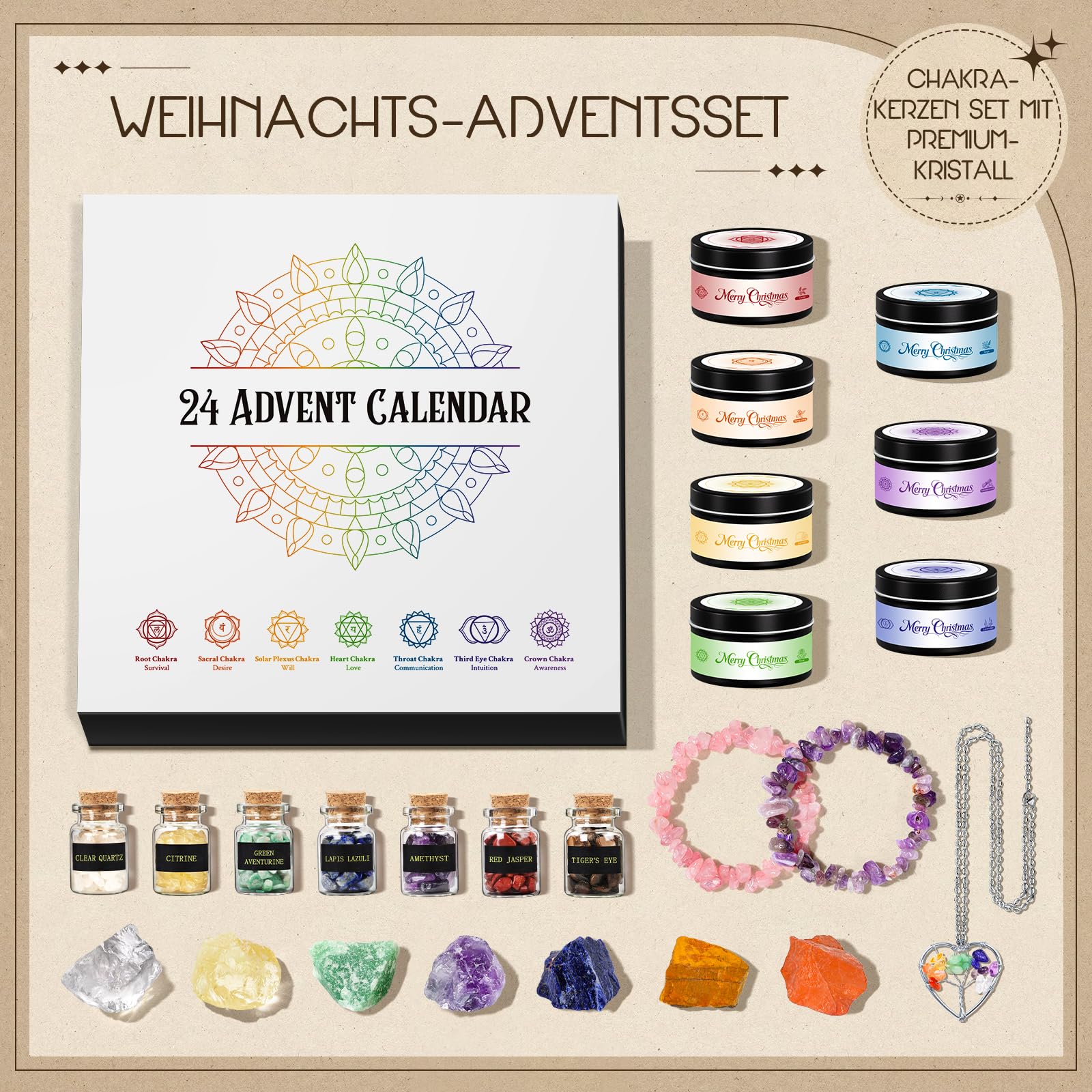 Calendrier de L'avent 2026 Femme Chakra Bougie Parfumées avec Pierre Precieuse, Cadeau pour Yoga Massage Meditation Lithothérapie, Candle Bijoux Cristaux Coffret Cadeau Grand Mere Maman Amie