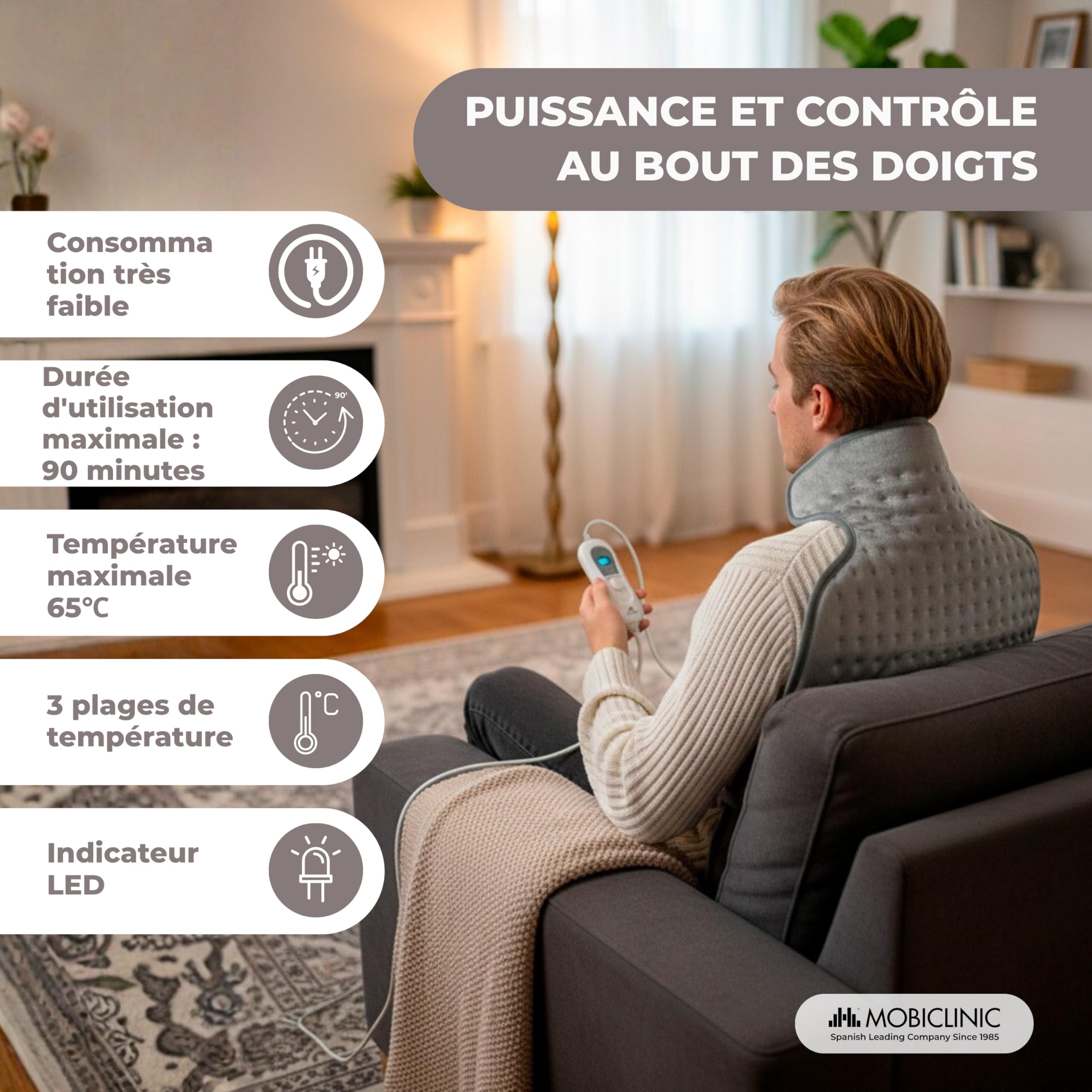 Mobiclinic®, Coussin chauffant pour le dos et la nuque, Très faible consommation, 62x43, Marque européenne, 3 niveaux de chaleur, Arrêt automatique, Lavable, Les lombaires cervicales, Gris