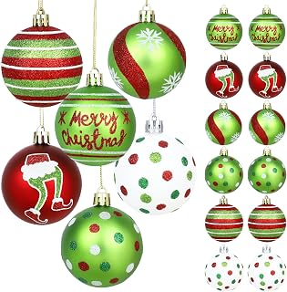 24Pcs 2.4 Inch Christmas Ball Ornaments for Tree, Glittering Red Green White Elf Bulbs Set for Christmas Tree Decorations, Plastic Shatterproof Hanging Ornament Xmas Baubles for Home Party Decor