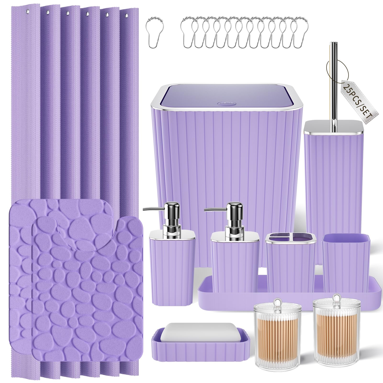 XLHOMO Bathroom Accessories Set - 25PC Bathroom Sets with Shower Curtain and Rugs, Purple Bathroom Accessories with Trash Can, Soap Dispenser, Soap Dish & Toilet Brush