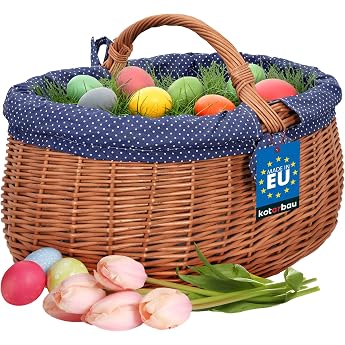 KOTARBAU&reg; Wicker Basket with Handle 47 x 31 x 32 cm Woven Wicker | Picnic basket with fabric insert in blue, basket with hand