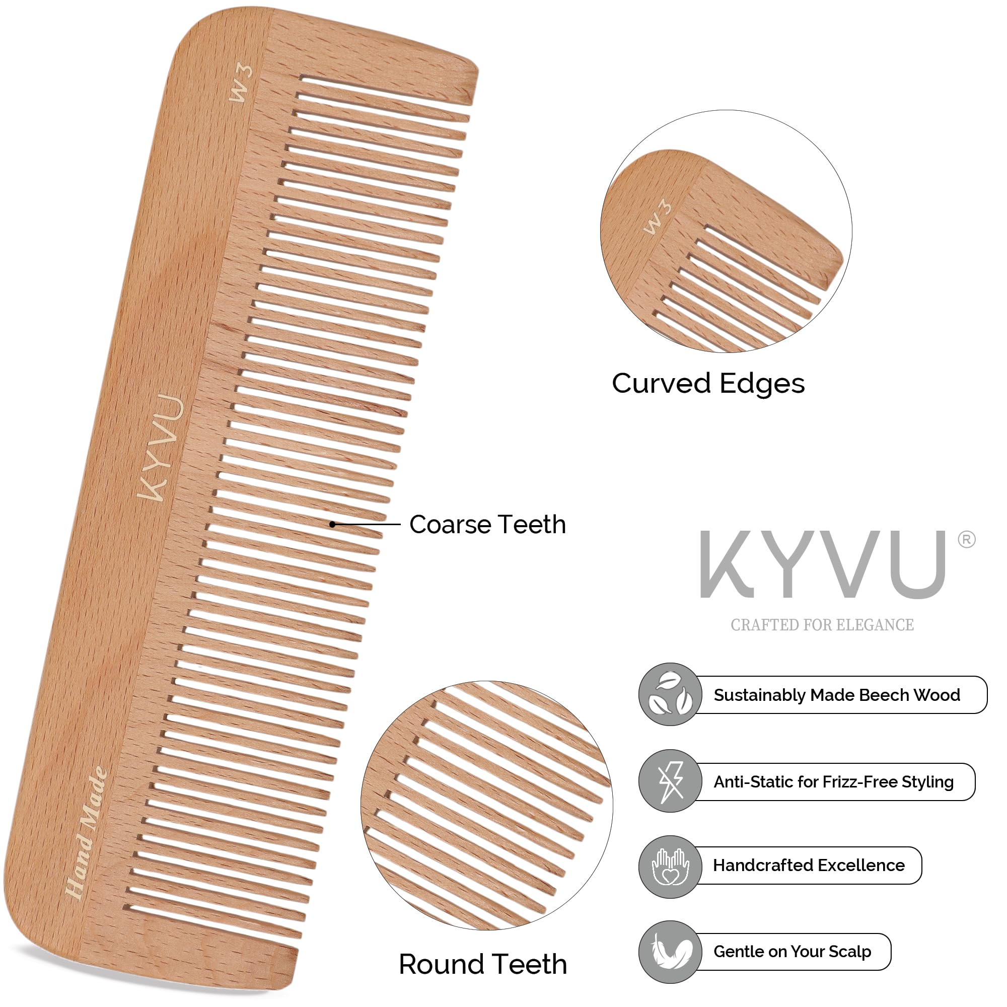 KYVU W3 Handmade 16.6 cm Coarse-Tooth Wooden Comb - Steam Beech, Natural Beech, 16.6 Centimeters - Image 2