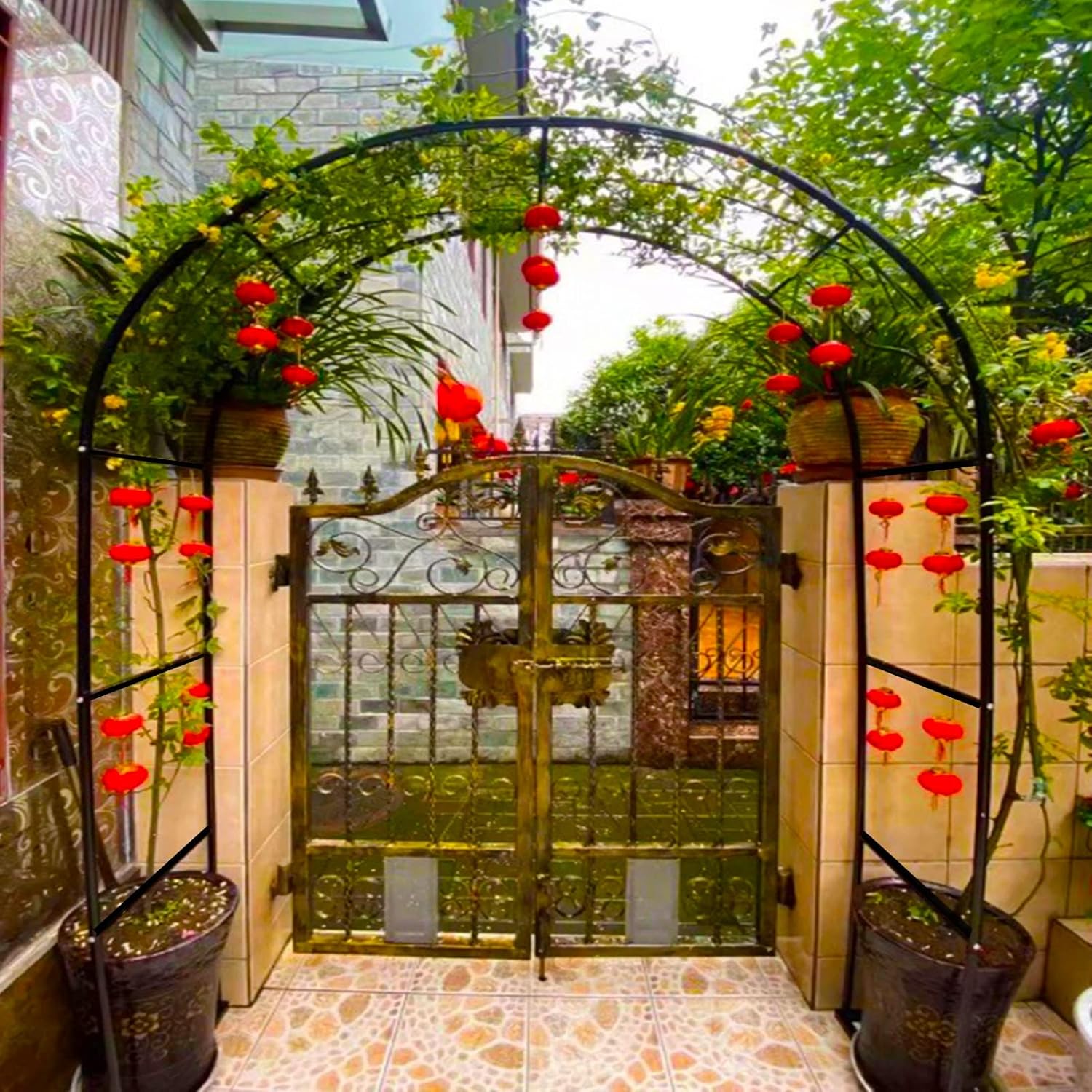 Metal Garden Arch, Rose Arch, Sturdy and Durable Plant Climbing Frame, Thick Galvanized Pipe, Garden Arch Decoration with Base (Color : Black, Size : 80x200x40CM)