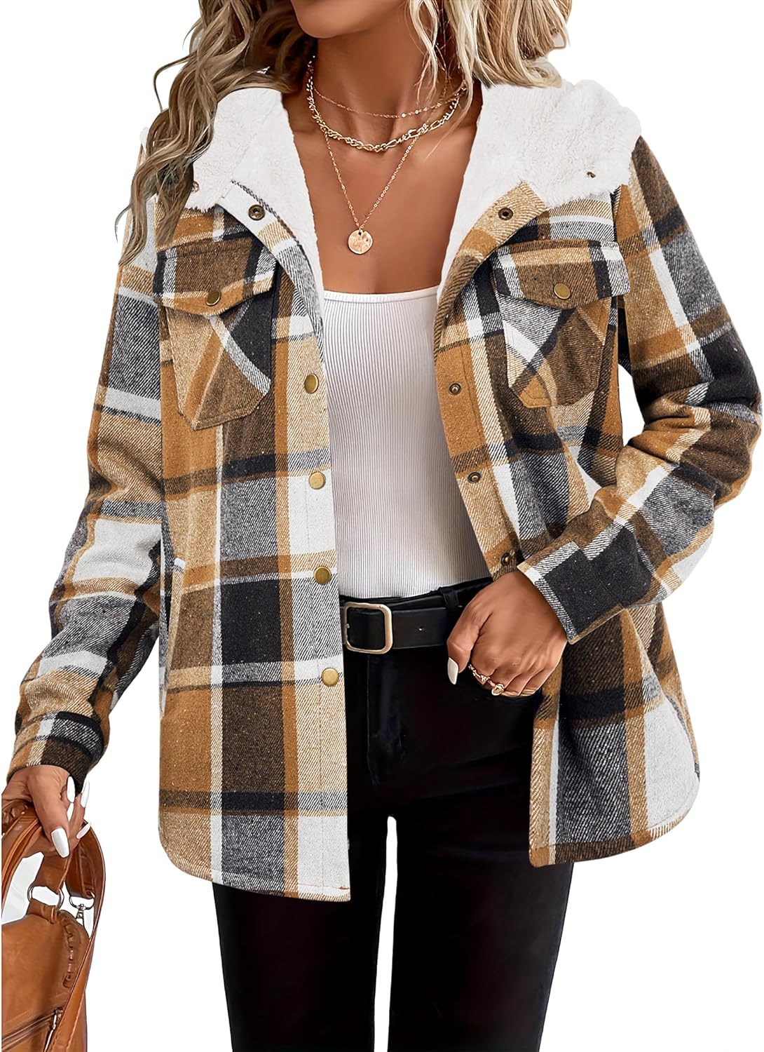 Zeagoo Womens Plaid Shacket Jacket Long Sleeve Fleece Hooded Jackets Fall Winter Warm Coat S-2XL - Image 3
