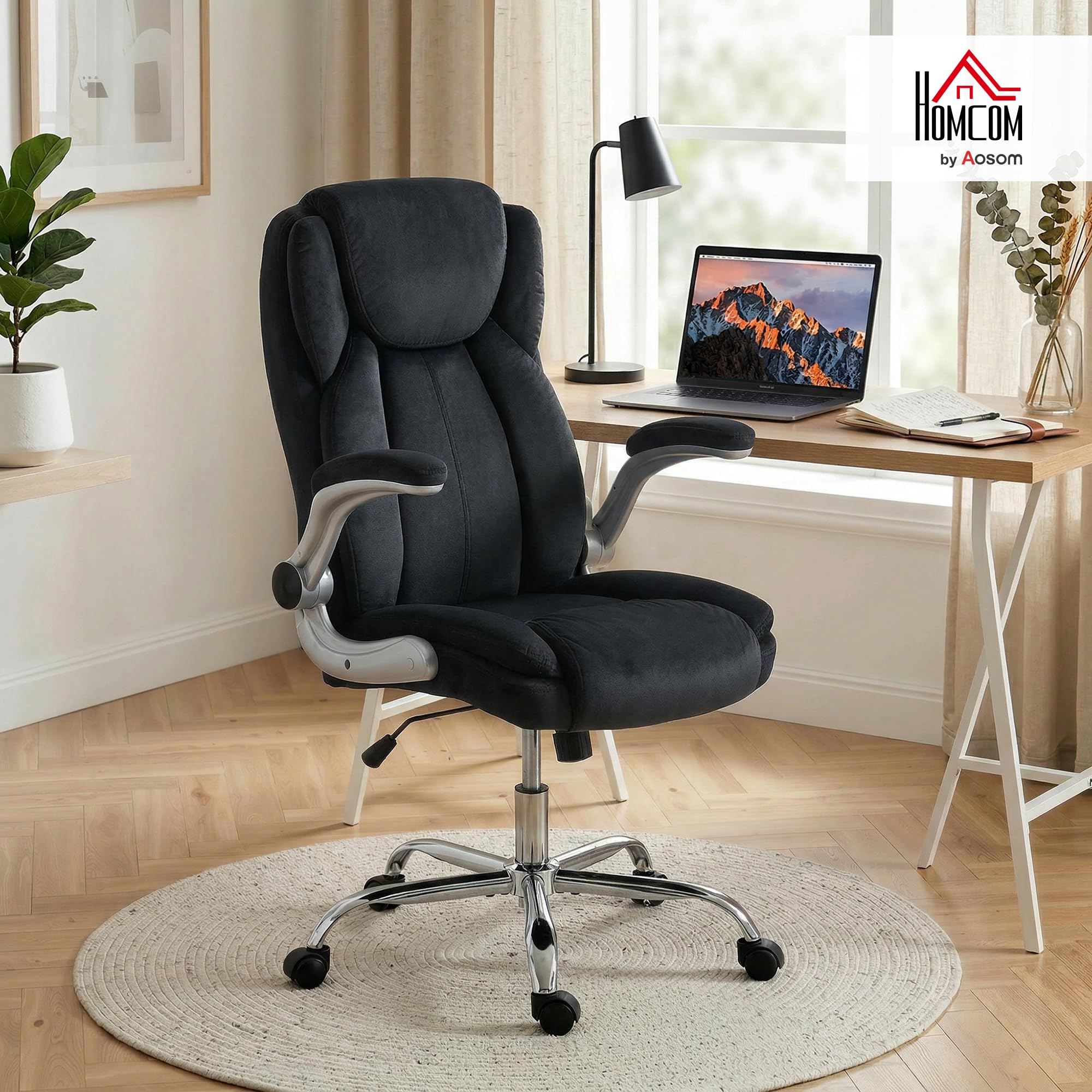HOMCOM Silla de Escritorio Ergonómica con Reposabrazos Abatibles Negro | Silla de Oficina con Respaldo Alto, Asiento con Muelles, Altura Ajustable, Función Basculante, Tapizado en Terciopelo