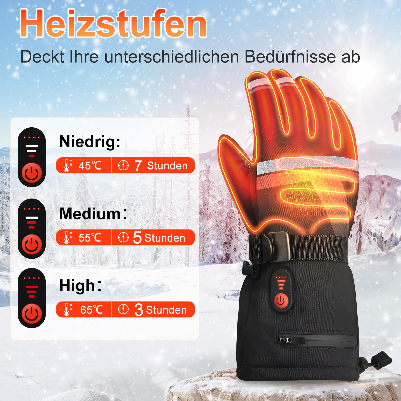 Beheizbare Skihandschuhe mit 7.4V 6400 mAh Akku, 3 Heizstufen, Winterhandschuhe für Skifahren Radfahren Motorrad