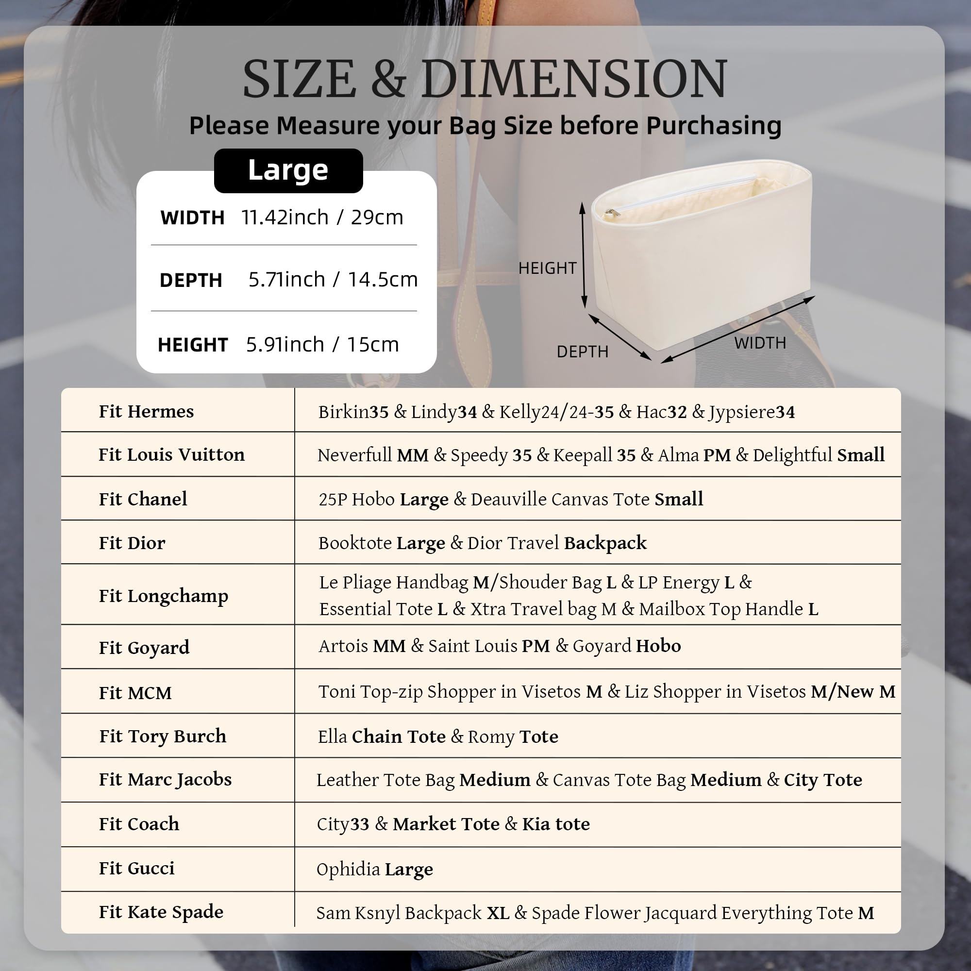 Geldbörsen-Organizer-Einsatz, seidig-glatter Handtaschen- und Tragetaschenformer in 8 Größen, passend für Longchamp, Neverful, Gyard und weitere Taschen(Groß-Creme)