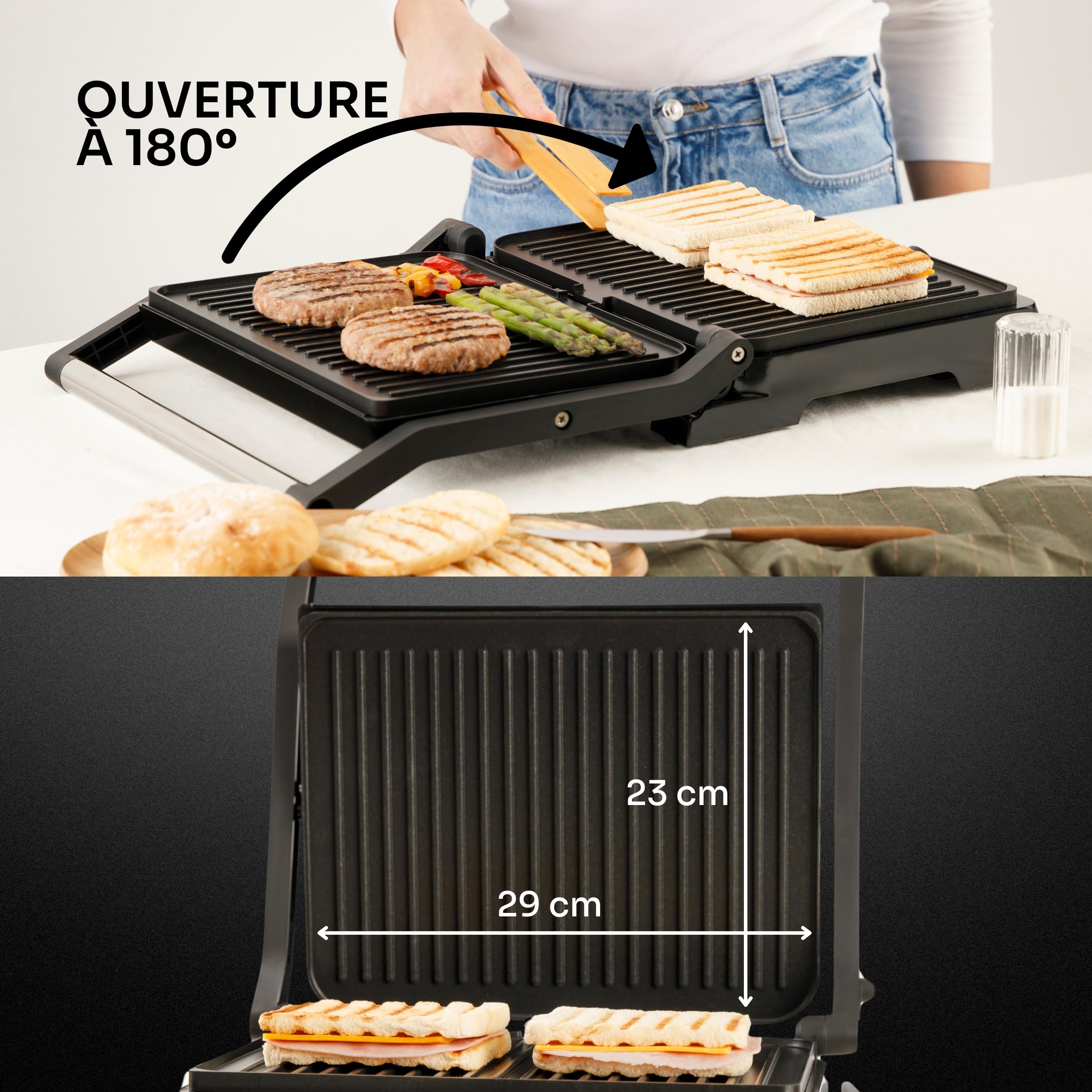Mellerware - Gril électrique portable Hotty ! | 2200W | Anti-adhérent | 3 en 1 (Cuisinière, Assiette, Barbecue) | Régulateur de température | LED | Ouverture 180 degrés | 29 × 46 cm | Acier inoxydable