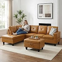 Vista 3 de Sofá modular de cuero en forma de L de 3 piezas – Sofá modular convertible con diván móvil y otomana de almacenamiento, uso multiescenario para sala