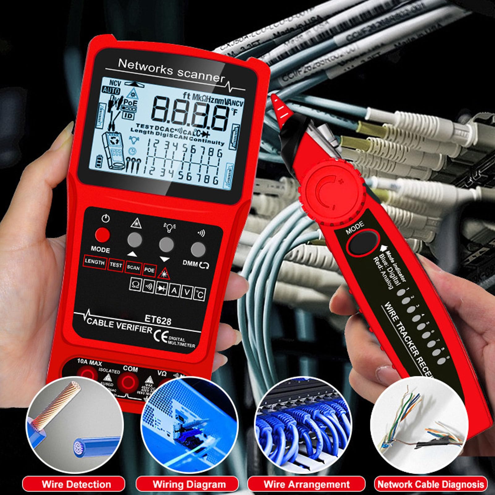 Naroote Multifunktionales Kabelsuchgerät, Digitaler Leitungsfinder und Schaltungsanalysator mit 3 Testmodi und Akkumulator für CAT5- und CAT6-Netzwerkkabel Sowie Koaxial-Videokabel