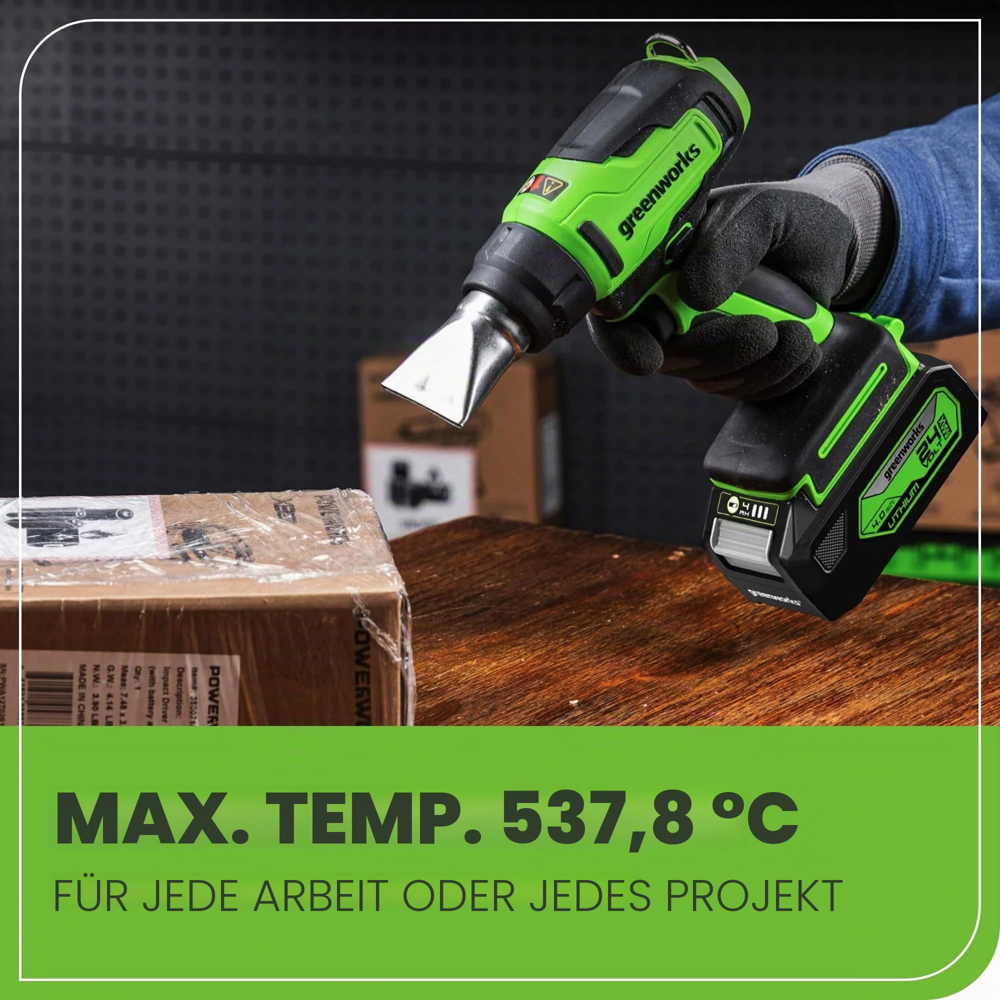 Greenworks 24 V kabelloses Heißluftpistolen-Set, 4,0 Ah Akku und Ladegerät im Lieferumfang enthalten – Heißluftwerkzeug, max. 538 ℃ mit 3 Düsen für Zuhause, Garage, Outdoor