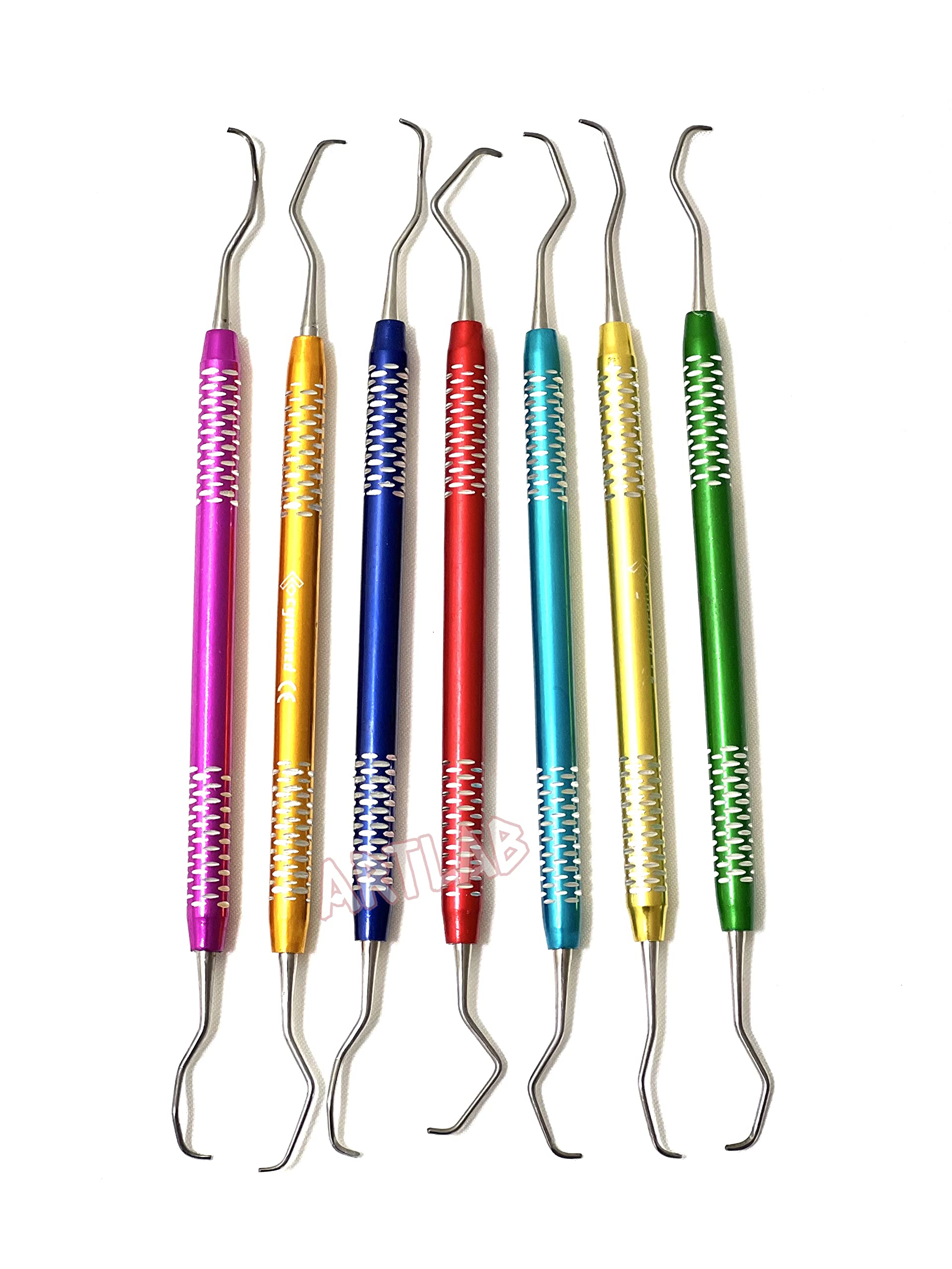Premium German Stainless Steel -Dental Gracey Curette Set Dental Veterinary Instrument Kit -Gracey Periodontal Curettes Double Ended Hollow Handle -Dental Instruments (Set of 7 Colored Hollow Handle)
