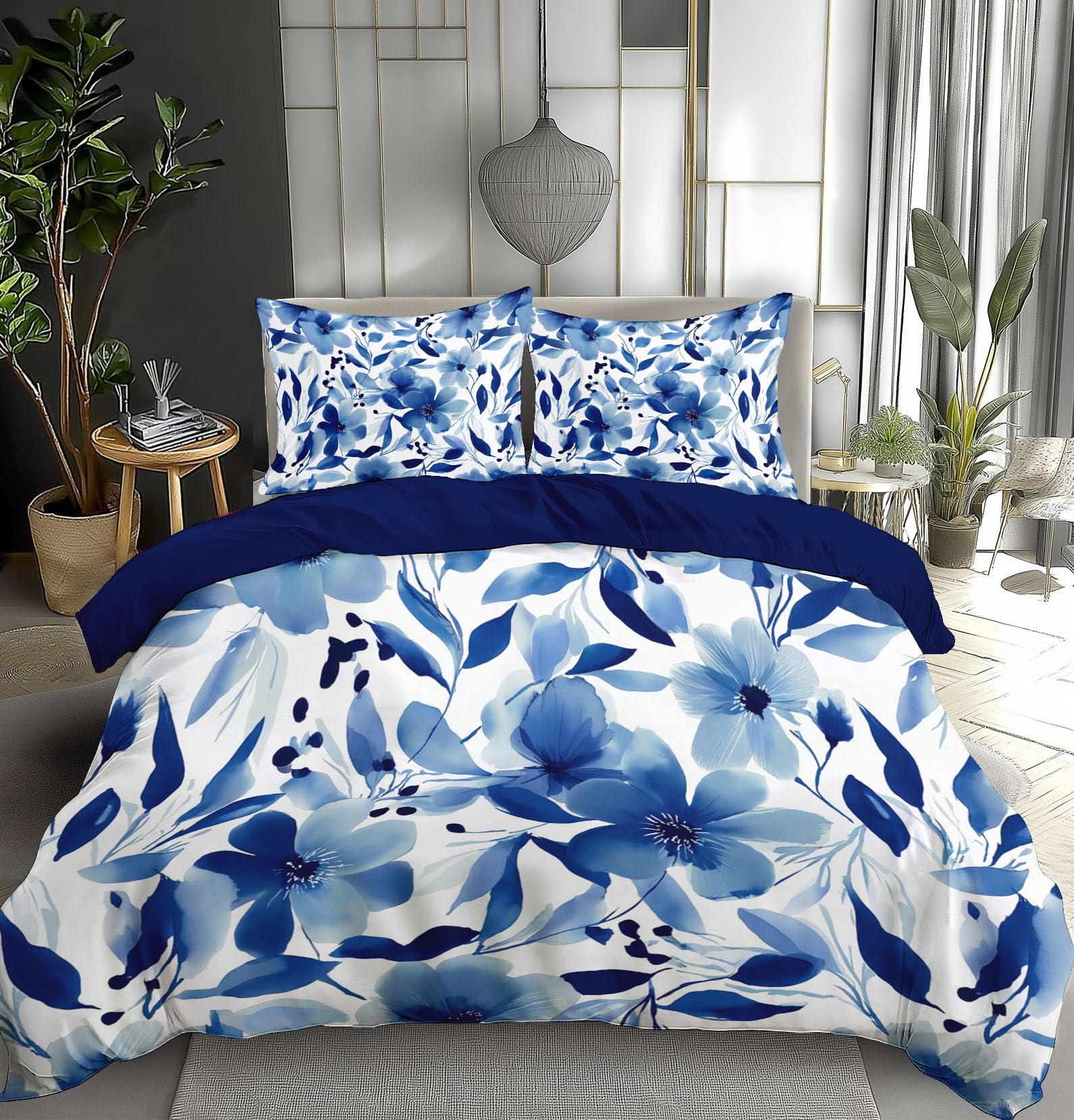 Housse couette en microfibre 220x240 cm bleu avec taies d'oreiller 65x65