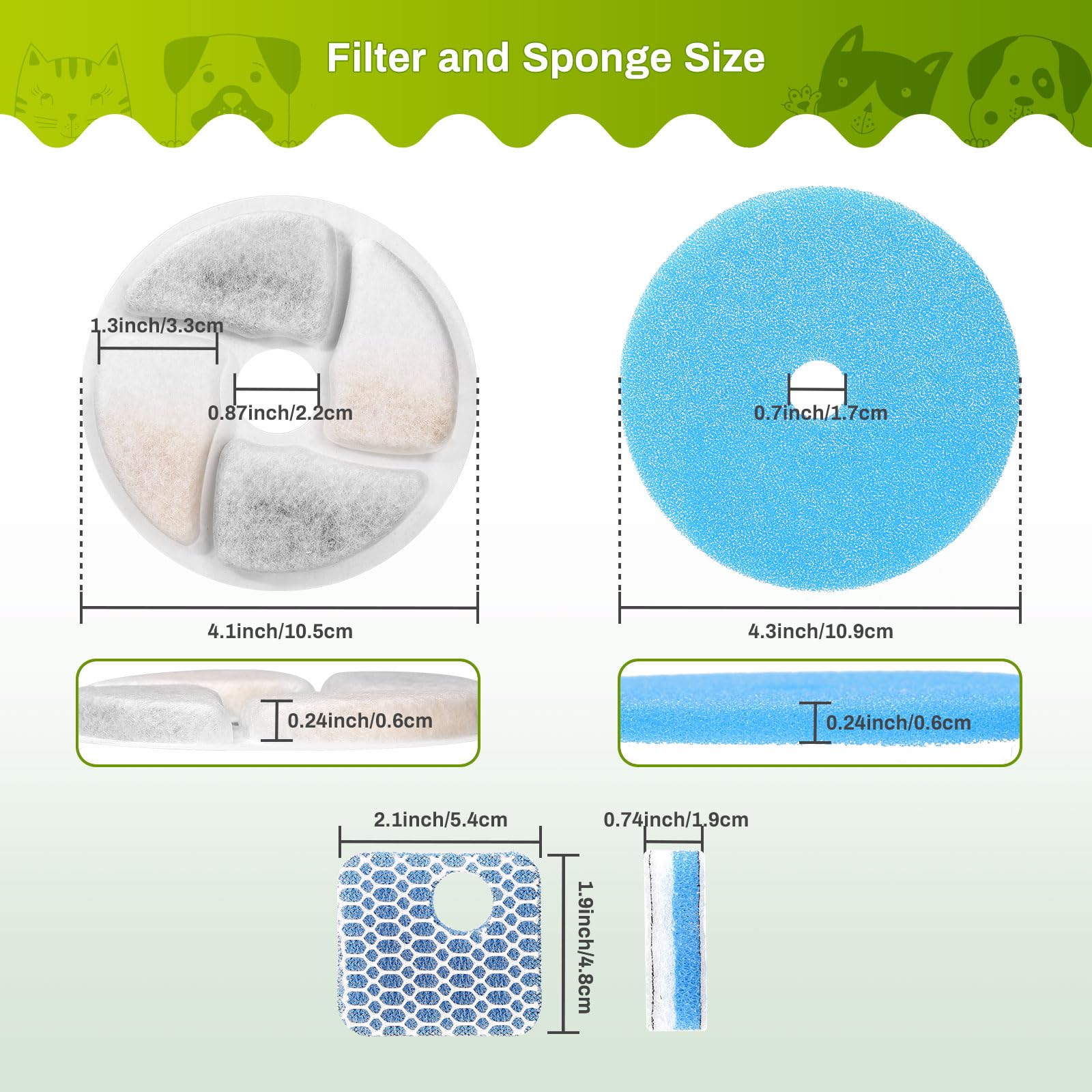 5 Set Cat Water Fountain Filter Replacement for Square 2.2L/73oz Stainless Steel Cat Fountain, ZEKIRY Pet Fountain Filter, Triple Filtration Replacement Filters(5 Filter, 5 Sponge, 5 8D Sponge) - image 7