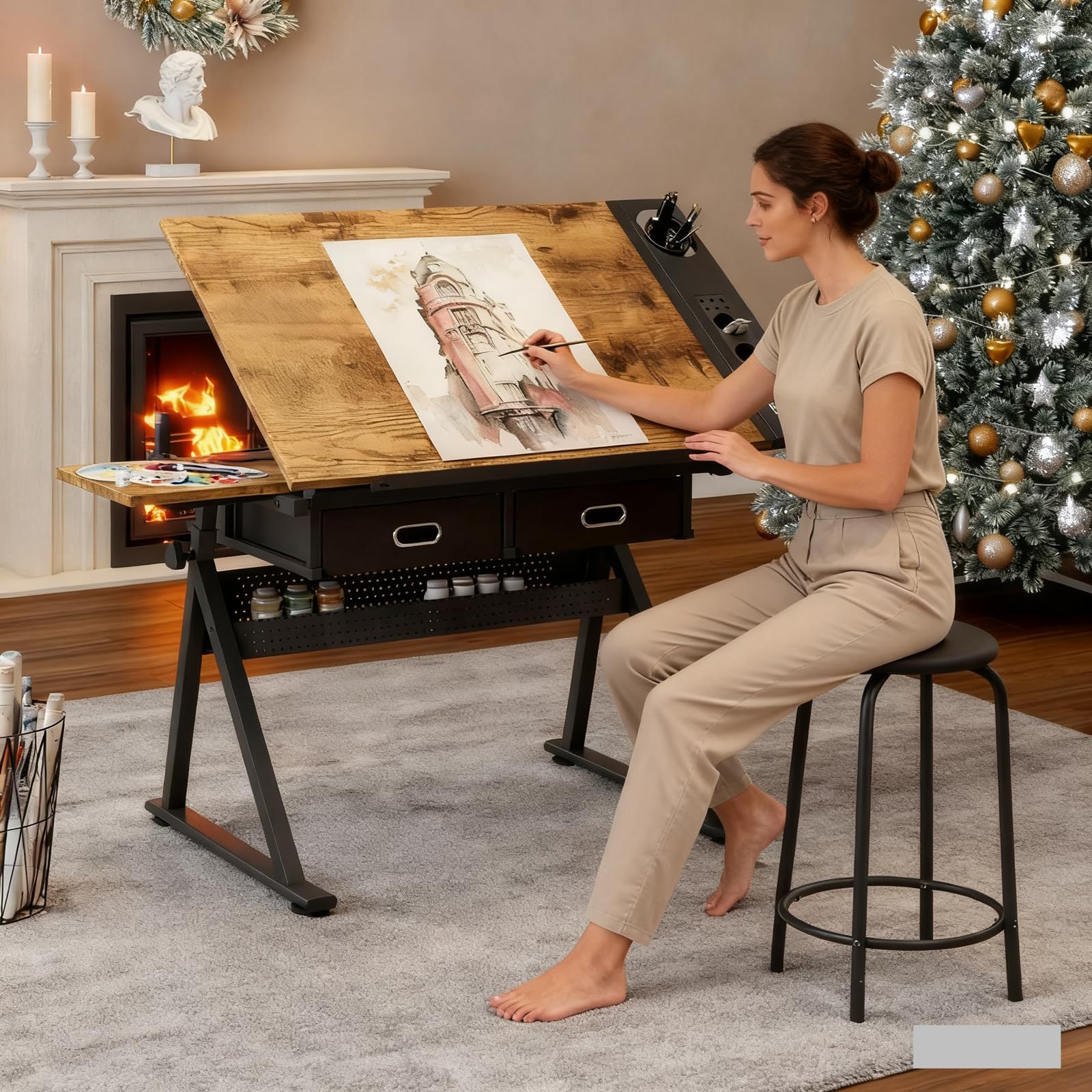 Roockky Drafting Table for Artists, Height Adjustable Drawing Table with Stool, Art Table Painting Table Art Craft Desk with 0-75° Tilting Wood