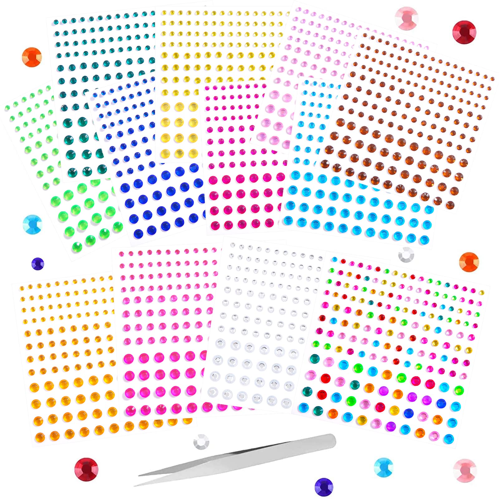 Rhinestone Stickers Self Adhesive Gems, 12 Sheet 3 Sizes Stickers for Scrapbooking Gems for Craft Jewels, Crystal Face Gems Stick on Jewels with Tweezers for Kids Crafting Makeup