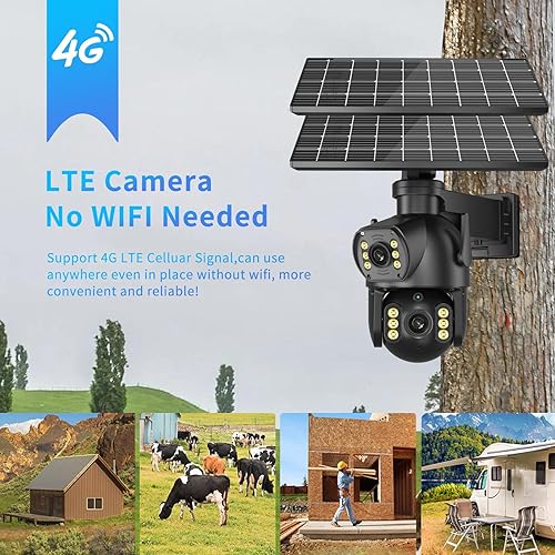 Miniatura 5 de Neye - Cámara de seguridad solar 4G LTE 4K con doble lente de visión nocturna a color, cabezal giratorio y dos paneles solares, batería de 12000