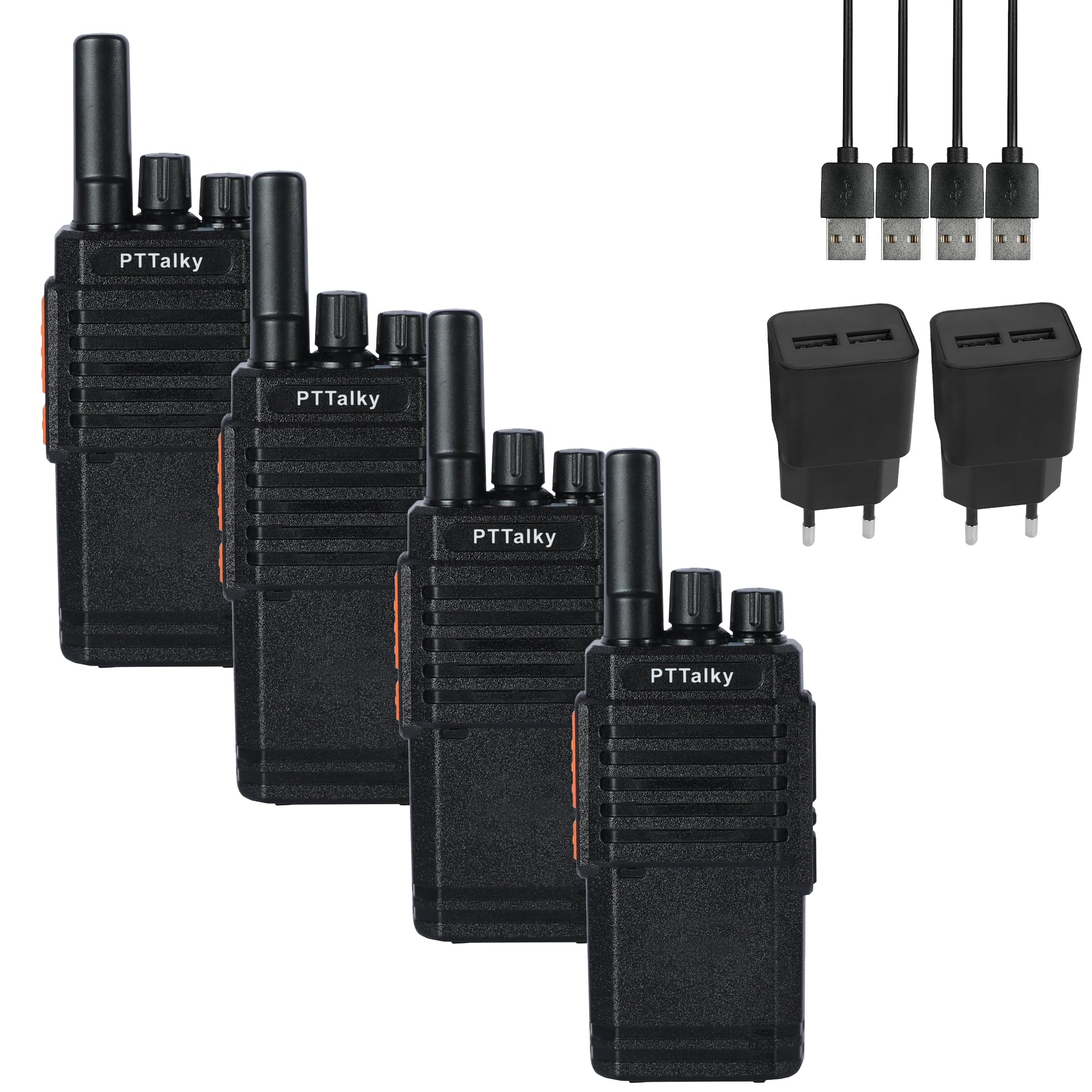 PTTalky PR2 Walkie Talkie PMR446 Funkgerät, Lizenzfreies Funkgeräte Set, Professionelles Walkie-Talkies Woki Toki, Erwachsene, USB-Ladung, VOX und 16 Kanäle, für Gebäude, Geschäfte (4 Stück, Schwarz)