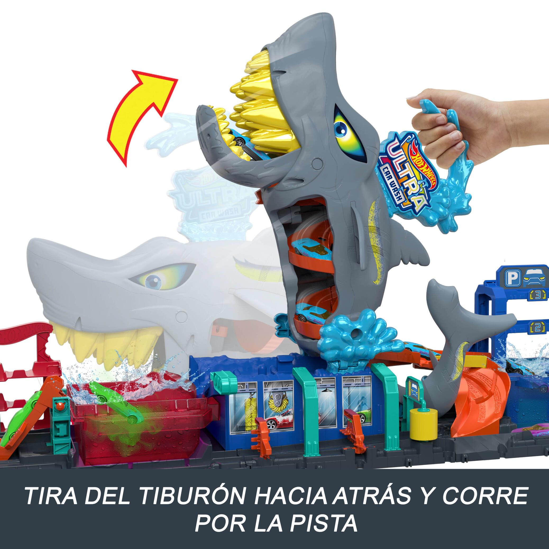 Hot Wheels City “Let's Race - ¡a correr!” Netflix - Túnel de lavado de coches con tiburón, pista para coches de juguete, incluye 1 vehículo que cambia de color con agua, juguete +4 años (HTN82)