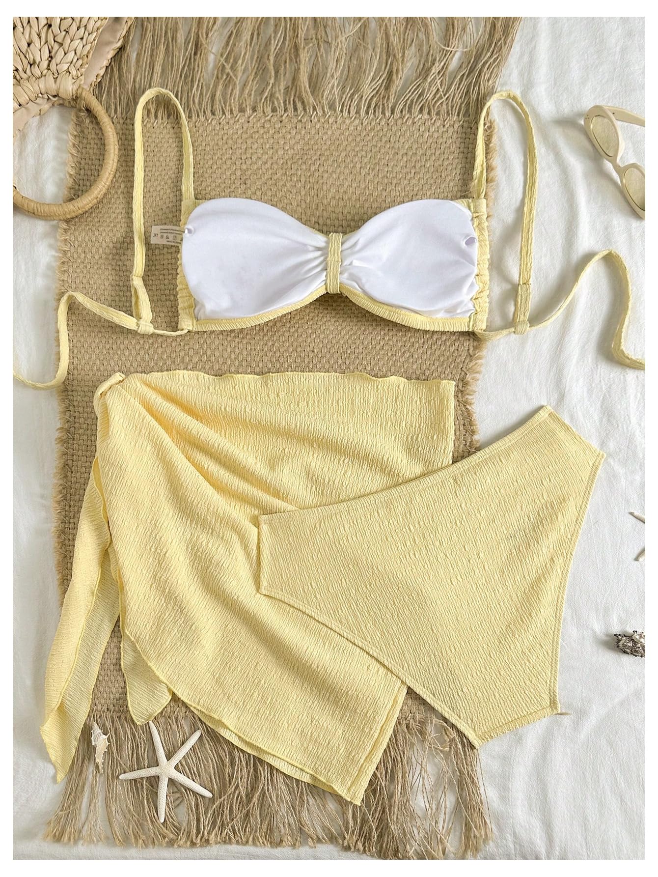 Damski 3-częściowy Strój Kąpielowy, Duży Rozmiar, Bikini 3D W Kwiaty Z Zakrywającą Spódnicą, Żółty, 3X-Large Plus(Large Plus)