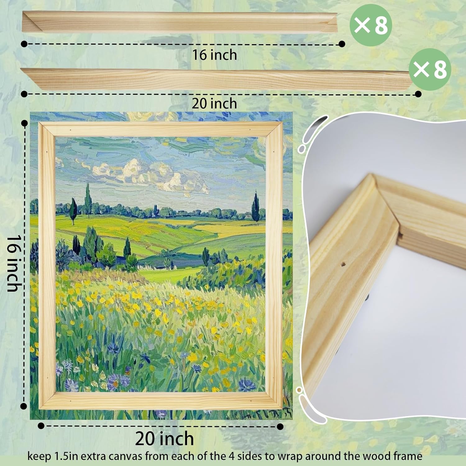 4 set 16x20 inch diy canvas stretcher bars canvas frame wood frames kit for prints, oil painting, pictures, stitch and needlepoint embroidery diy arts