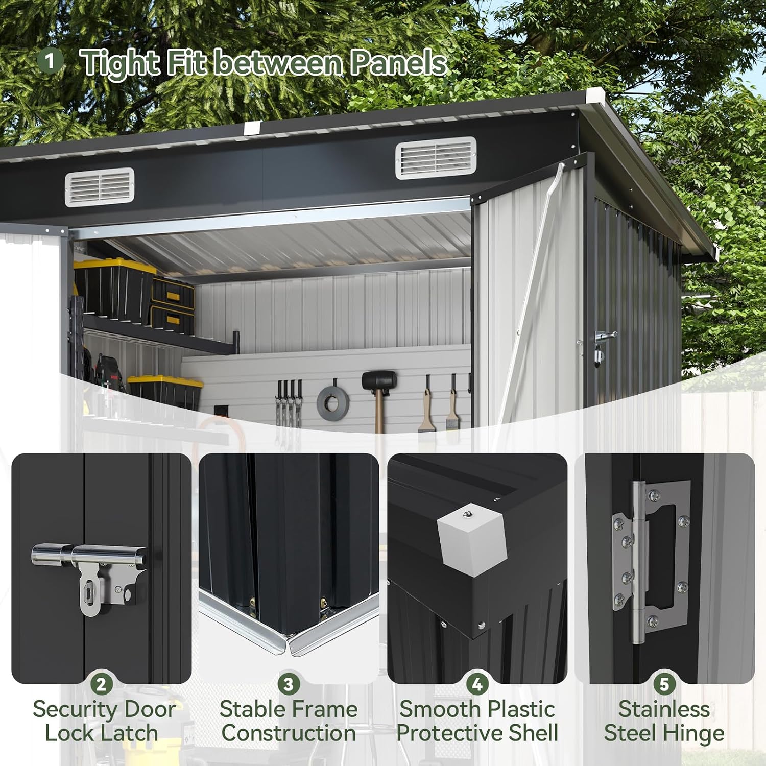 Close-up of shed features including security door lock latch, stable frame, smooth plastic protective shell, and stainless steel hinge