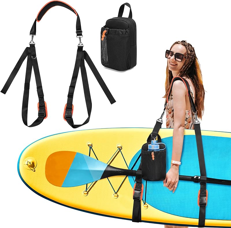GOBUROS Paddle Board Carrying Strap with Detachable Storage Bag | Adjustable SUP Kayak Carry Strap with Metal Hardware for Paddle boards, Surfboards, Long boards, Canoe and Kayak, Black