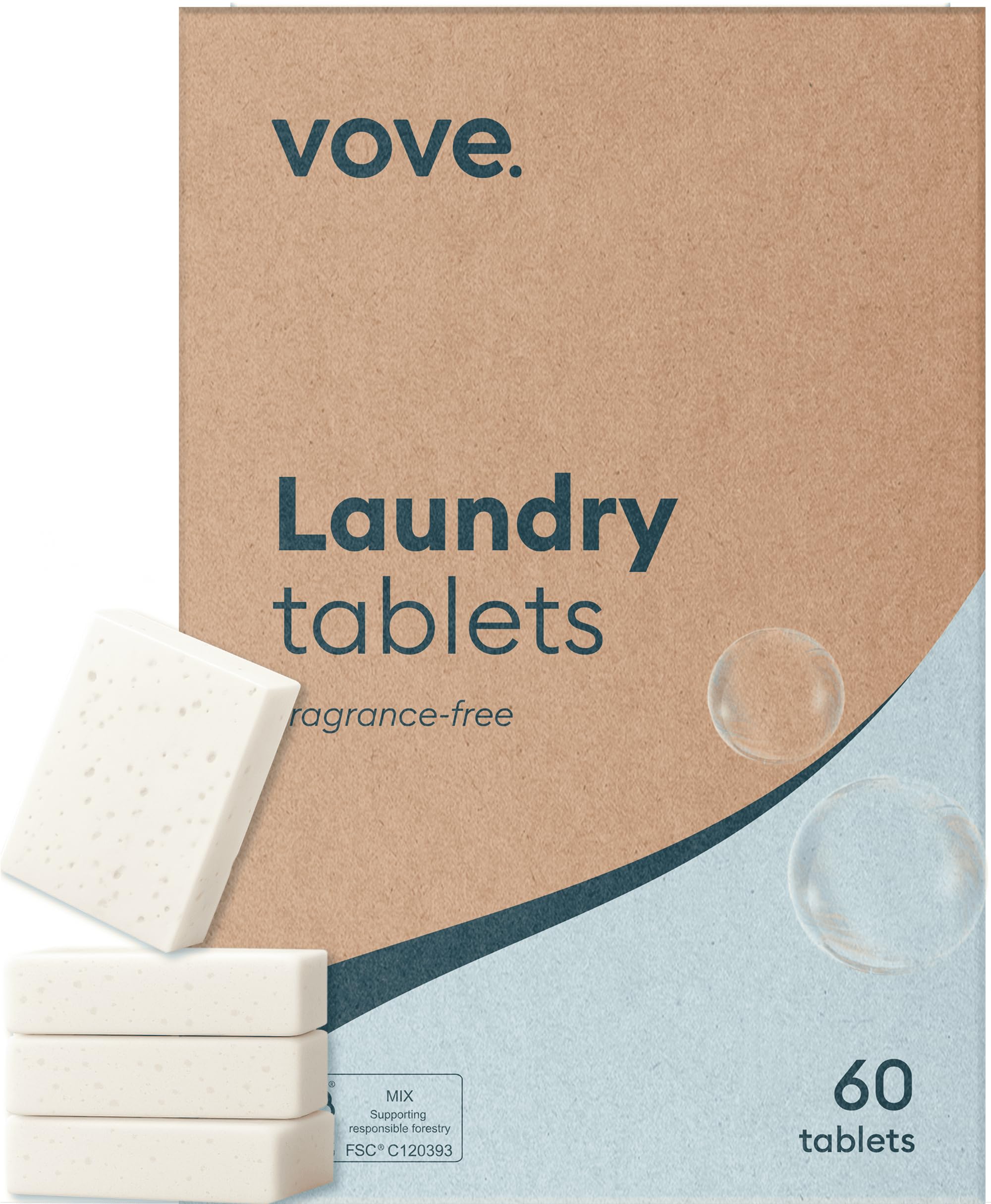 Vove Plastic-Free Laundry Detergent Blocs–60 Ultra Concentrated Washing Tablets Better Than Pods & Sheets–5-Layer PureStack Technology 3X Enzyme Power Fragrance Free Eco Friendly