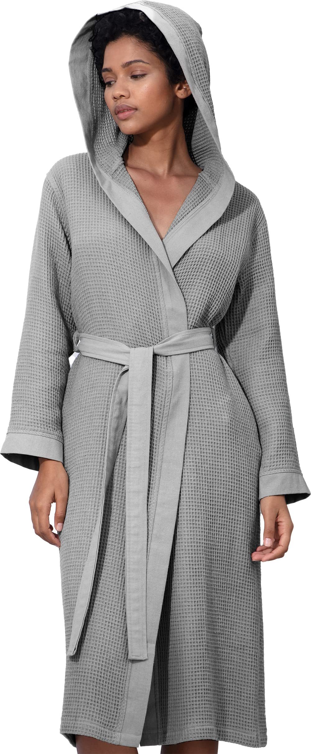 SEYANTE Women's Organic Cotton Waffle Kimono, Hooded Robe – GOTS Certified Lightweight Full-Length Spa Bathrobe with Piping