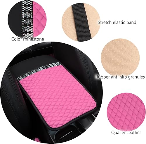 Miniatura 5 de NHHC Funda de cuero brillante para reposabrazos de automóvil protector de consola central de automóvil con diamantes de imitación de cristal
