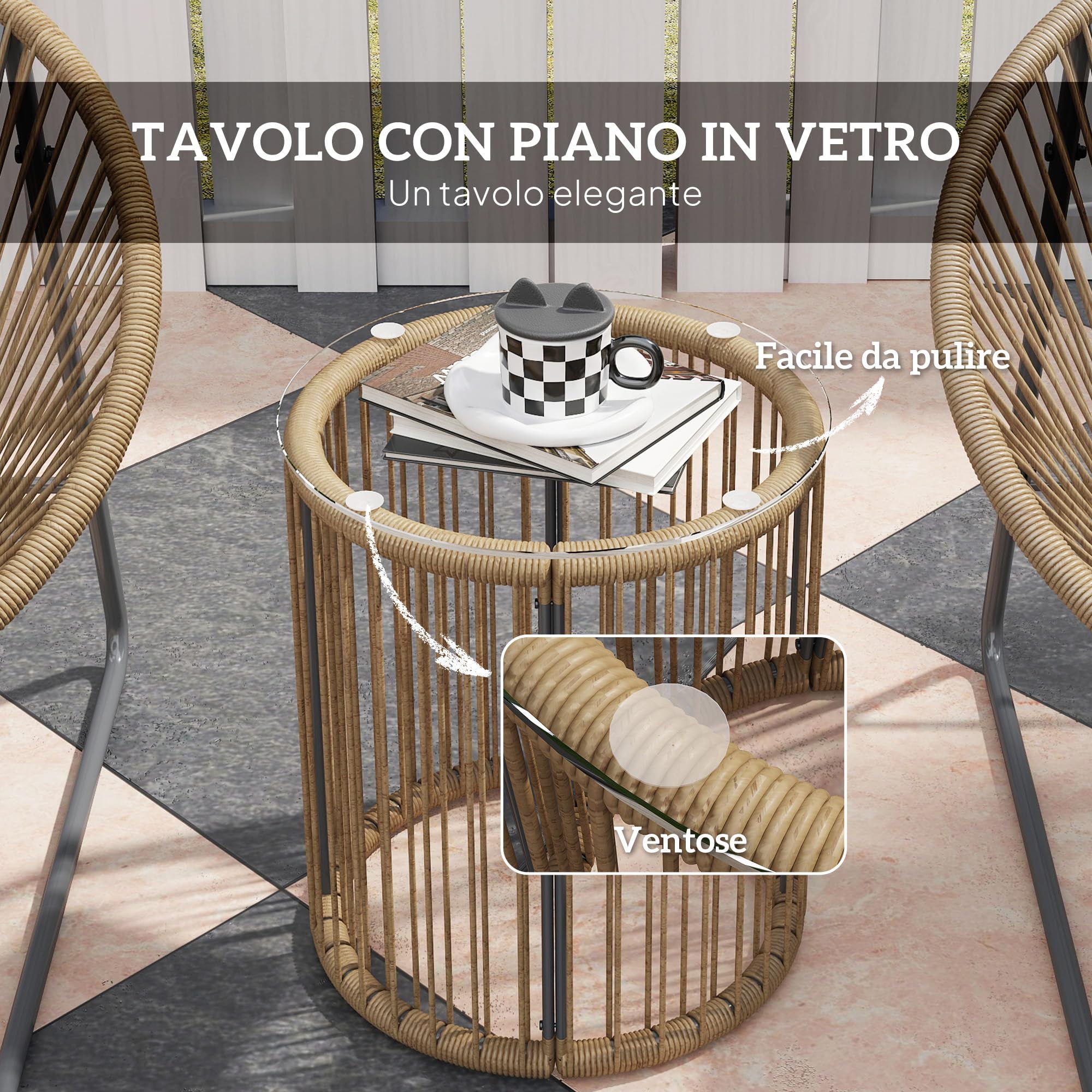 Outsunny Set da Giardino 3 Pezzi Rattan PE Acciaio, 2 Sedie Cuscini Lavabili Tavolino Caffè Vetro, Mobili Balcone Patio Cortile