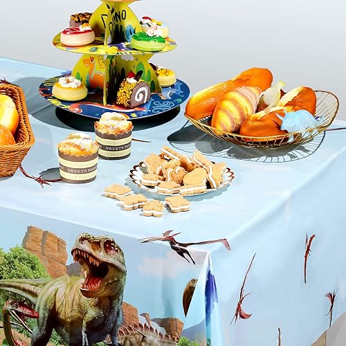 Miniatura 5 de Tiamon Mantel de dinosaurio para mesa de fiesta de dinosaurios, mantel de plástico para fiesta de cumpleaños, suministros de pícnic, 54 x 108