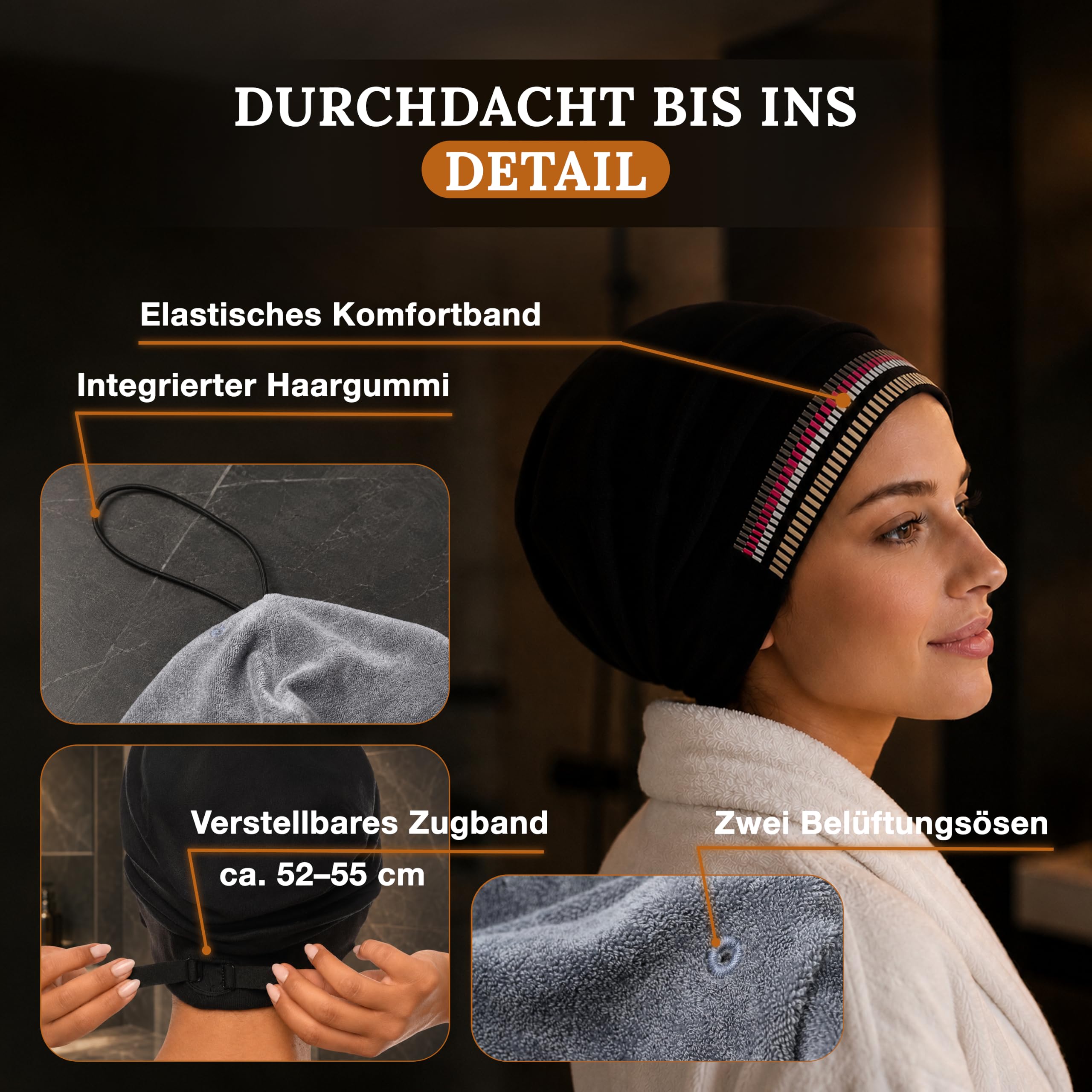 Handtuchmütze – Handtuch & Mütze in einem – Turban für nasse Haare – schnelltrocknend, saugstark – Damen – Wellness, Sauna, Fitness, Strand – One Size schwarz