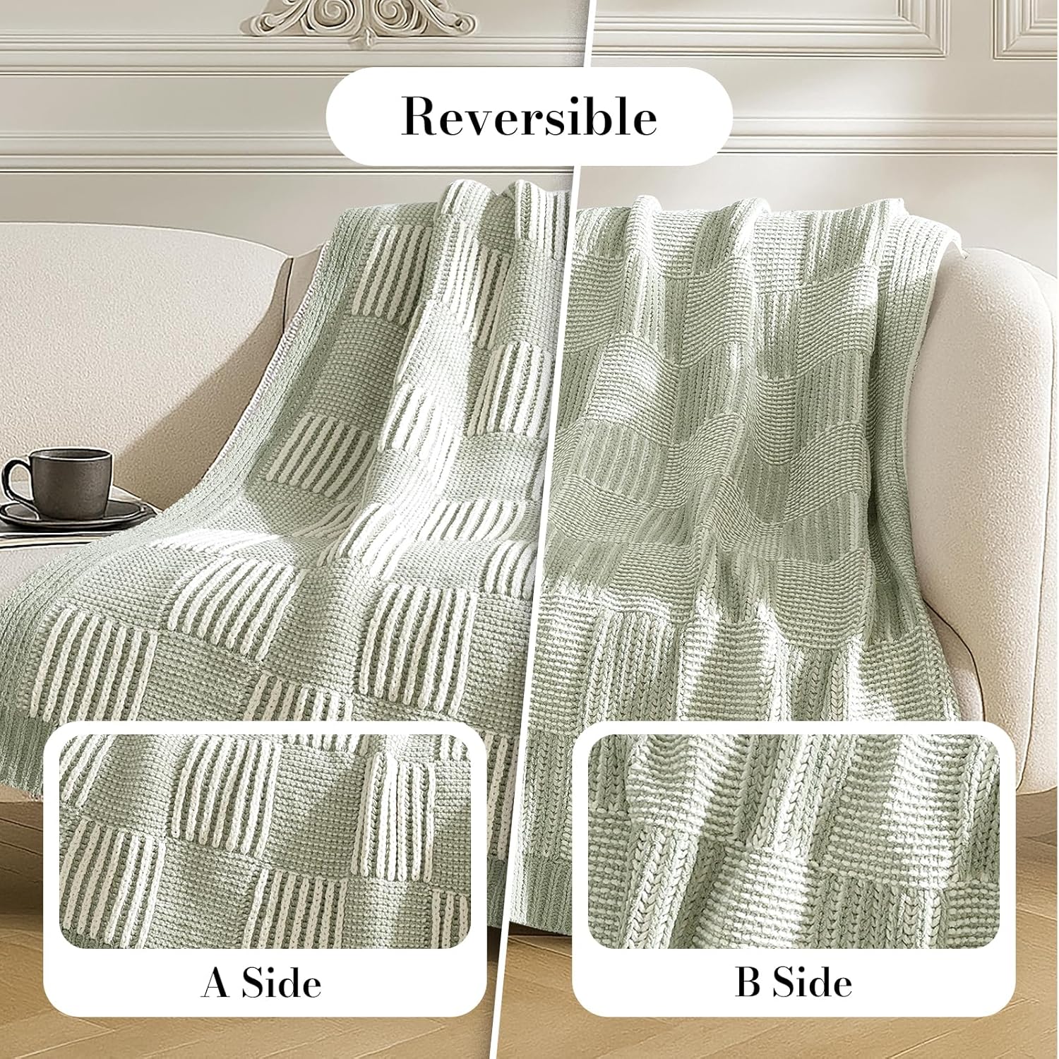 Amélie Home Checkered Knit Throw Blanket for Couch, Chenille Texture Decorative Soft Blanket for Sofa & Chair, 50"x60", Sage Green & White - Image 2