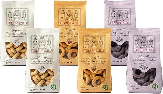 Terre Dei Trulli Taralli Apulian Assorted with Evo Oil, Tomato and Oregano and Celline Black Olives - 6 Packs of 250 g | Artisan Taralli | Savoury Snacks for a Genuine Open Snack