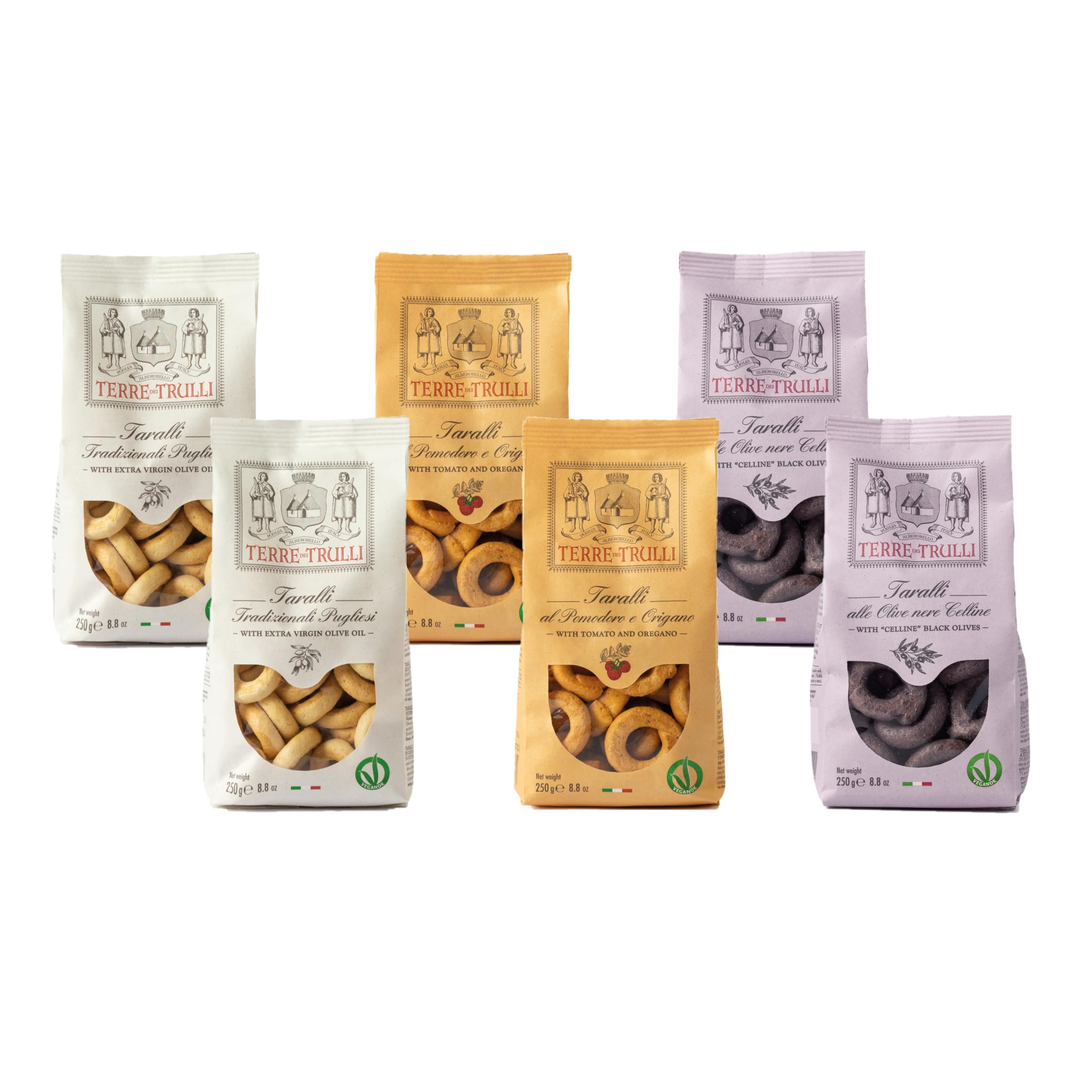 Terre Dei Trulli Taralli Pugliesi Assortiti Con Olio Evo, Al Pomodoro E Origano E Alle Olive Nere Celline - 6 Confezioni Da 250g | Taralli Artigianali | Snack Salati Per Un Aperi Snack Genuino