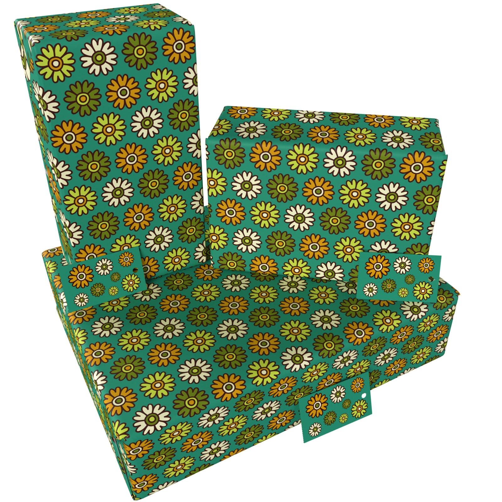 Luxury ECO Gift Wrap - 3 sheets/tags - Classic Vintage Retro Blue Flowers - Birthday - Recycled & Recyclable Wrapping Paper - Re-wrapped