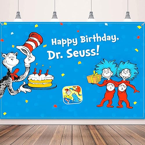 YUNKELIU Dr. Seuuss - Decoraciones para fiesta de cumpleaños, 5 x 3 pies, pancarta de fondo de feliz cumpleaños, fondo de fotos azul y rojo para