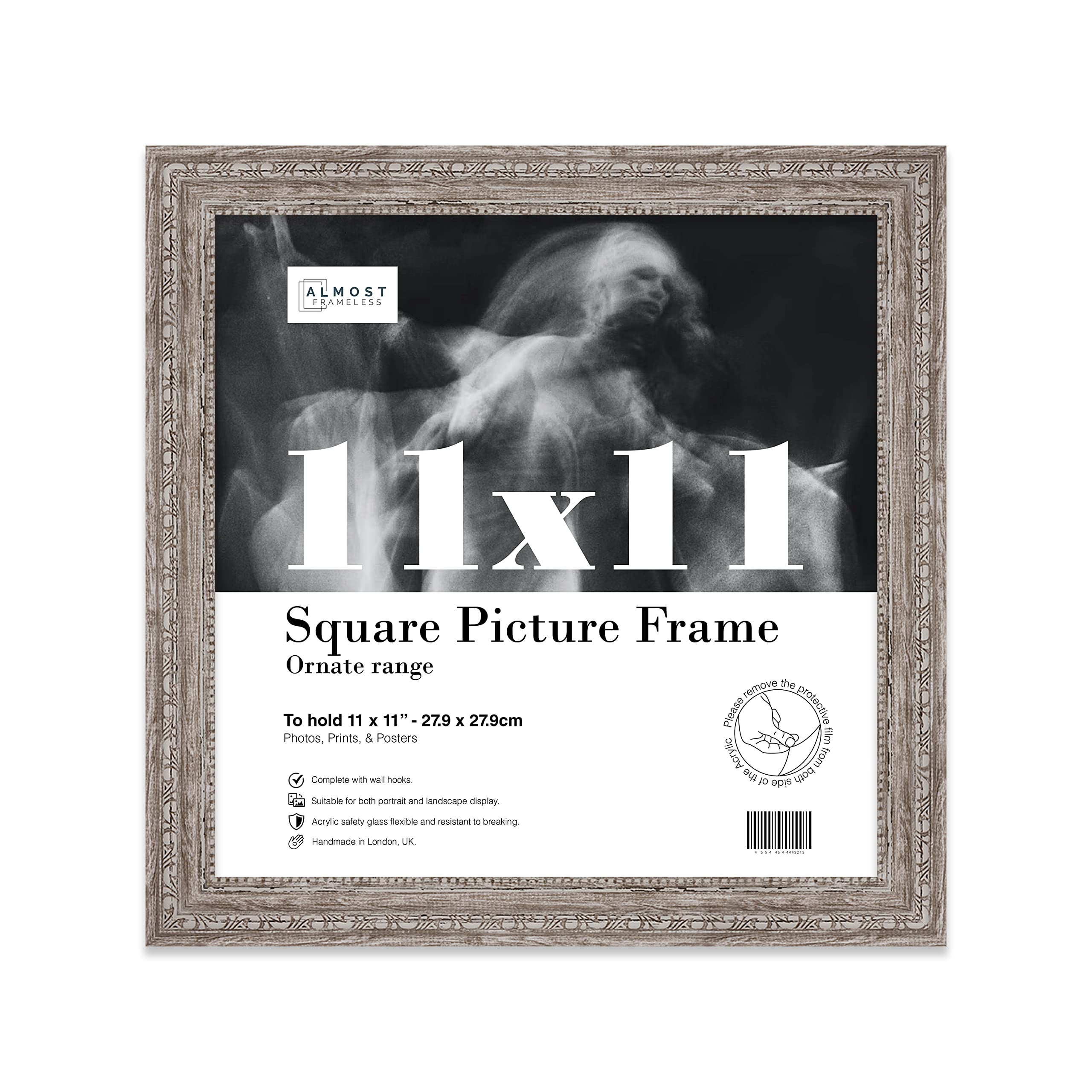 Almost Frameless 11x11 Walnut Ornate Picture Frame 11"x11"(27.9x27.9cm) Poster, Photo, Artwork, or Print. Baroque Style Portrait and Landscape Display with Wall Hooks