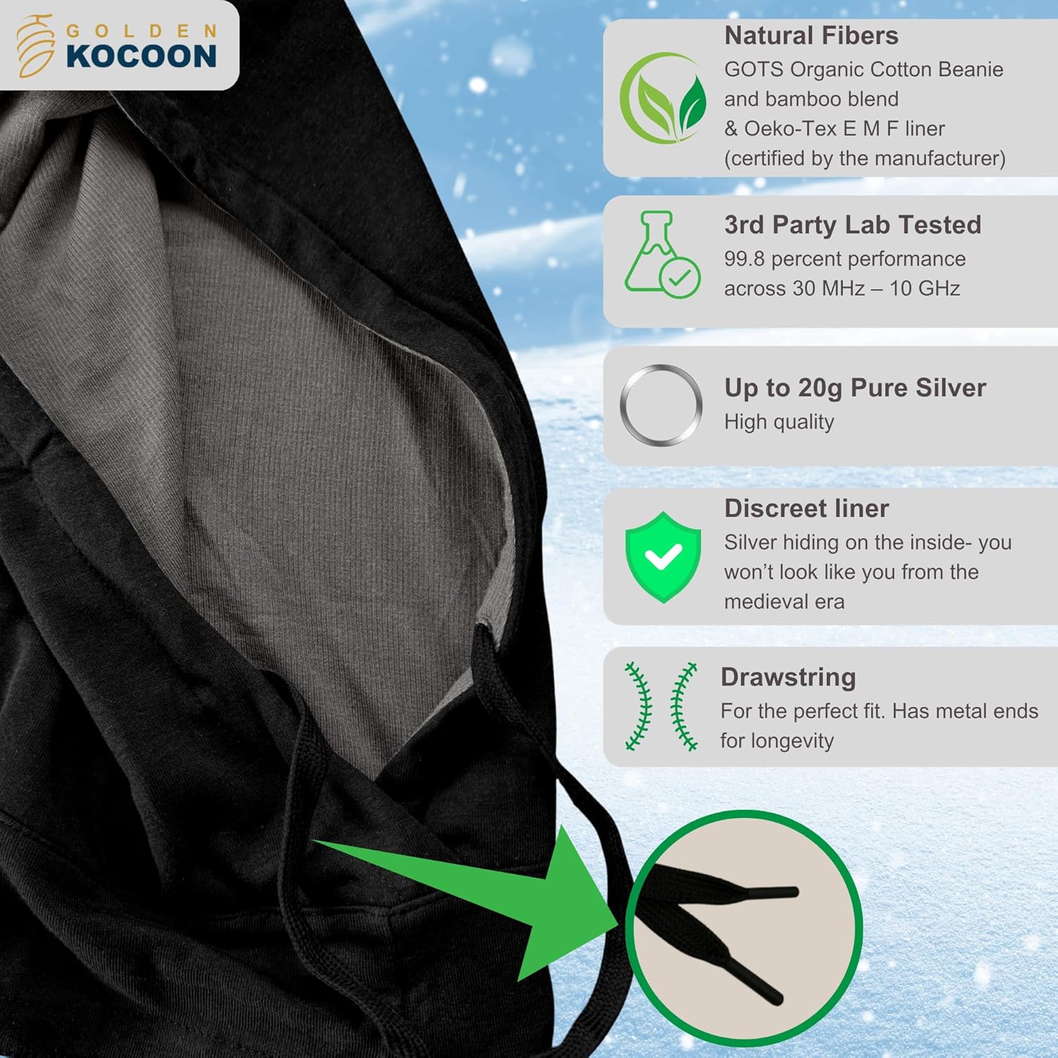 .E-M-F Hood- Organic Cotton & Bamboo Viscose outter, with EcoShield™ Bamboo Lyocell Fara-Day Silver Liner - Cover Head & Neck - Ideal for Everyday 5 G, B T, Smart Meter & Wi Fi environments- Hat Cap