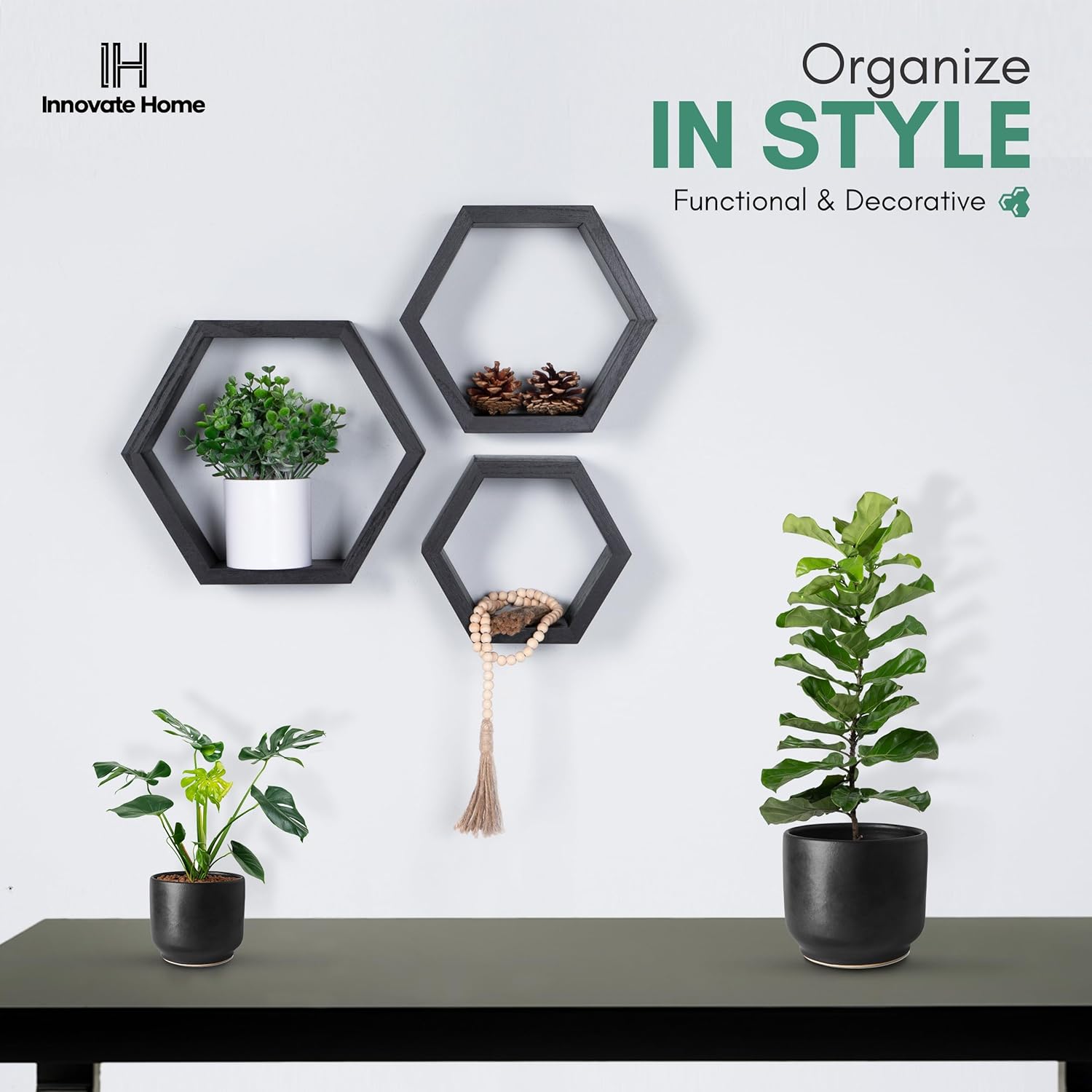 Hexagon Floating Shelves for Bedroom, Bathroom, Kitchen and Living Room Wall Decor & Storage, Set of 3, Wall Mounted Honeycomb Shelves - Includes Wall Mounts & Screws…