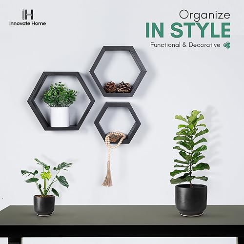 Miniatura 2 de Estantes flotantes hexagonales para dormitorio, baño, cocina y sala de estar, decoración de pared y almacenamiento, juego de 3, estantes de panal
