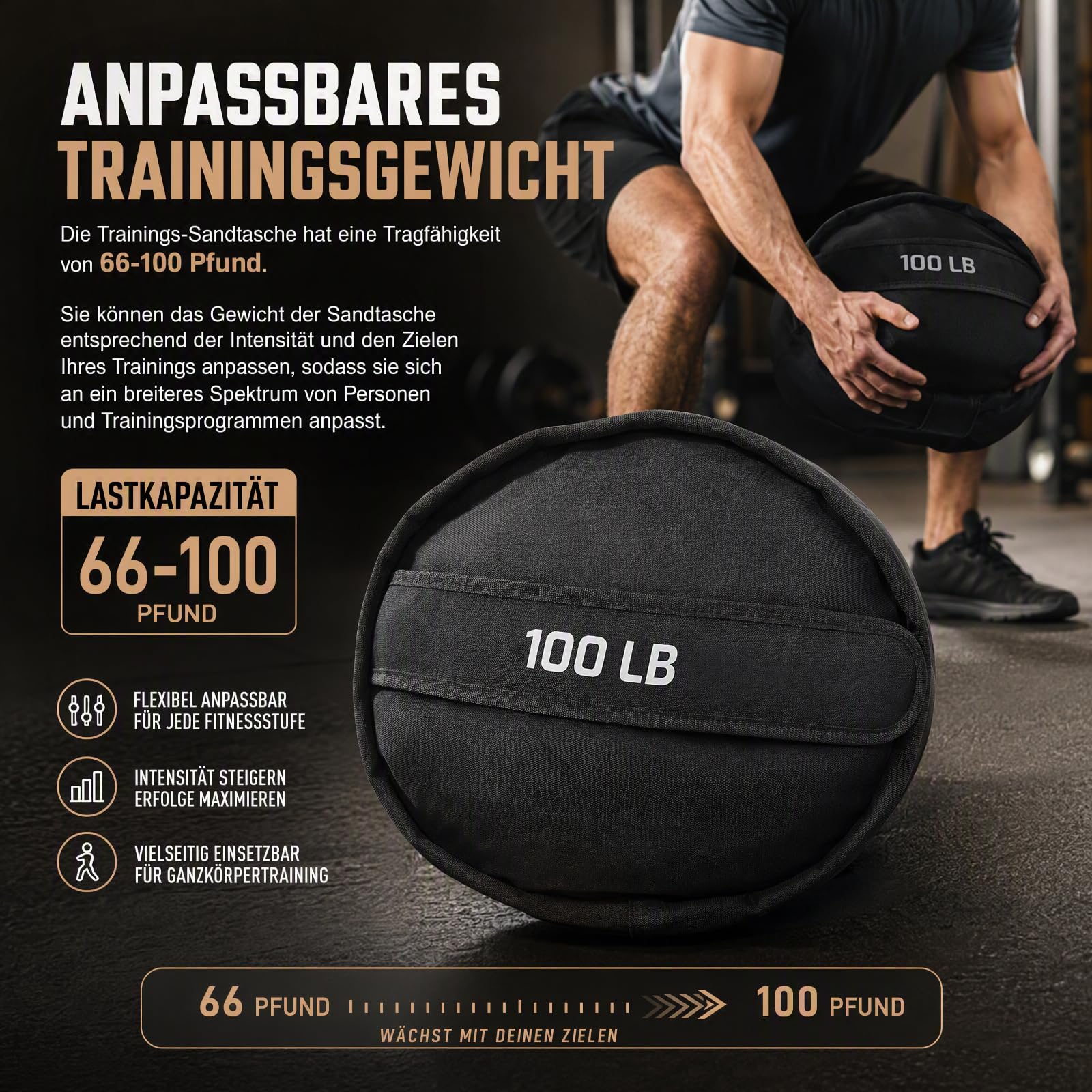 Worek obciążeniowy Capacity Sand Bag Power Bag, 30-45 kg / 66-100 lLB, czarny, poliester, worek na piasek, worek treningowy, do treningu siłowego, fitnessu, podnoszenia ciężarów