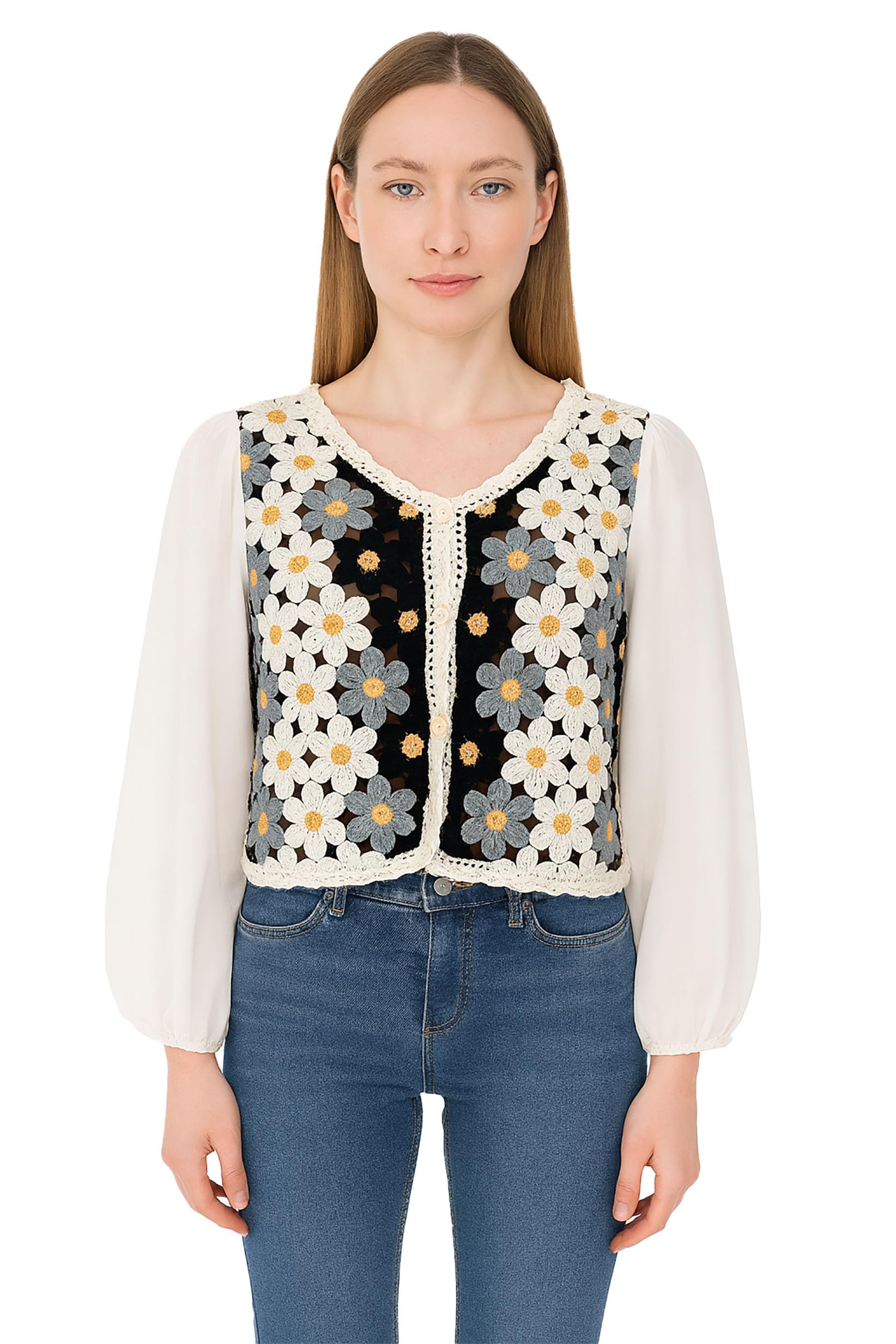 Women's Boho Crochet Floral Sheer Sleeve Blouse Hollow Out Puff Sleeve Botton-up Crop Top Shirt DN668-image-10