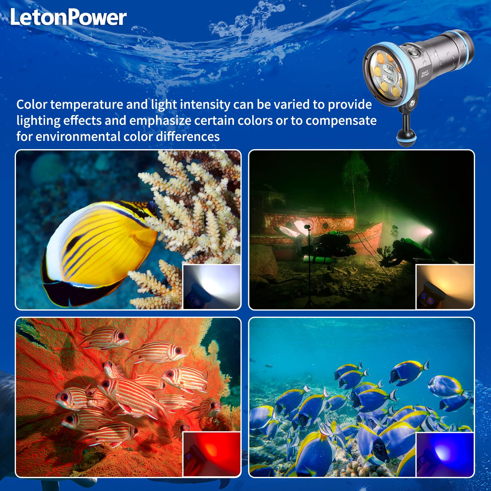 Shark CX Linterna Buceo Video 8000 Lúmenes - 120° CRI 98 3000K-5500K, A Prueba de Agua 120m, Recargable USB-C para Video y Foto Profesional