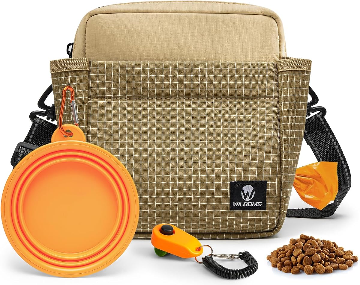Dog Treat Pouch for Training, Magnetic Dog Walking Bag and Fanny Pack | Large treat pocket with poop bag dispenser, clicker and bowl; hands-free for dog training, walks, park trips and travel