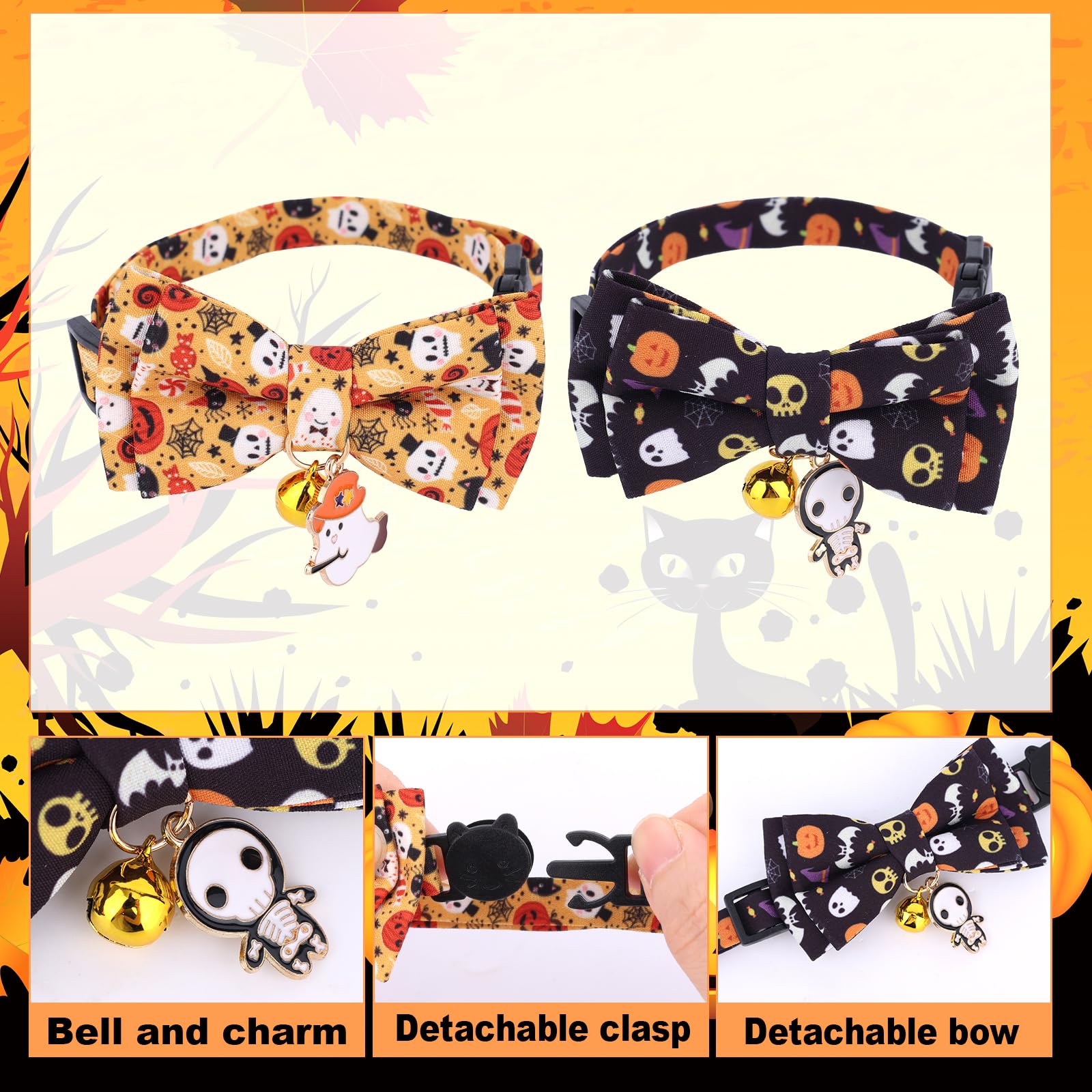 Penitue 2pcs Halloween Cat Collars with Bow Tie & Bell - Image 4