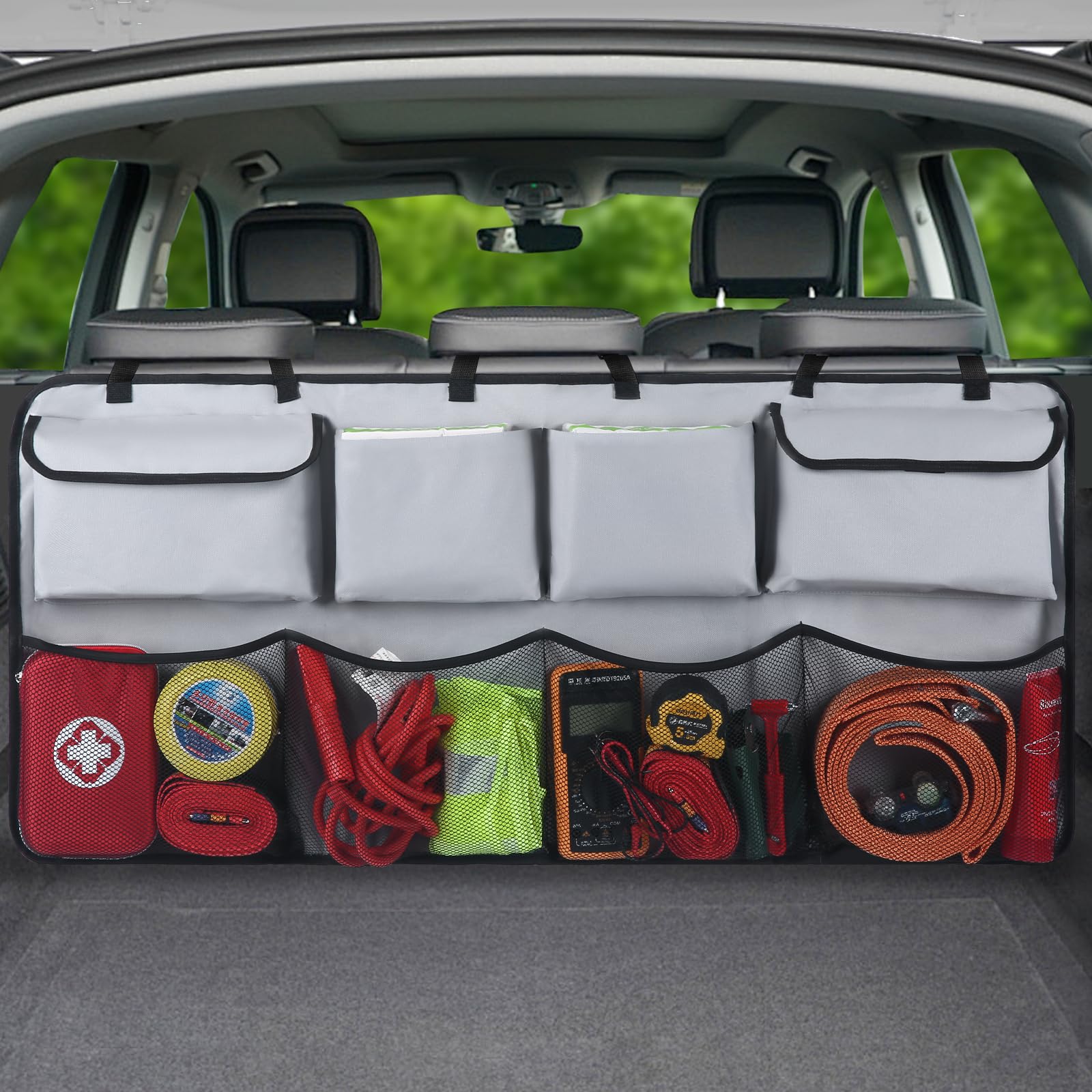 Car Backseat Hanging Trunk Organizer – Gray, 8 Large Storage Bags - Super Capacity Storage Solution for SUVs, Trucks, Vans, and Cars - Ultimate Car Organization for a Clutter-Free Space